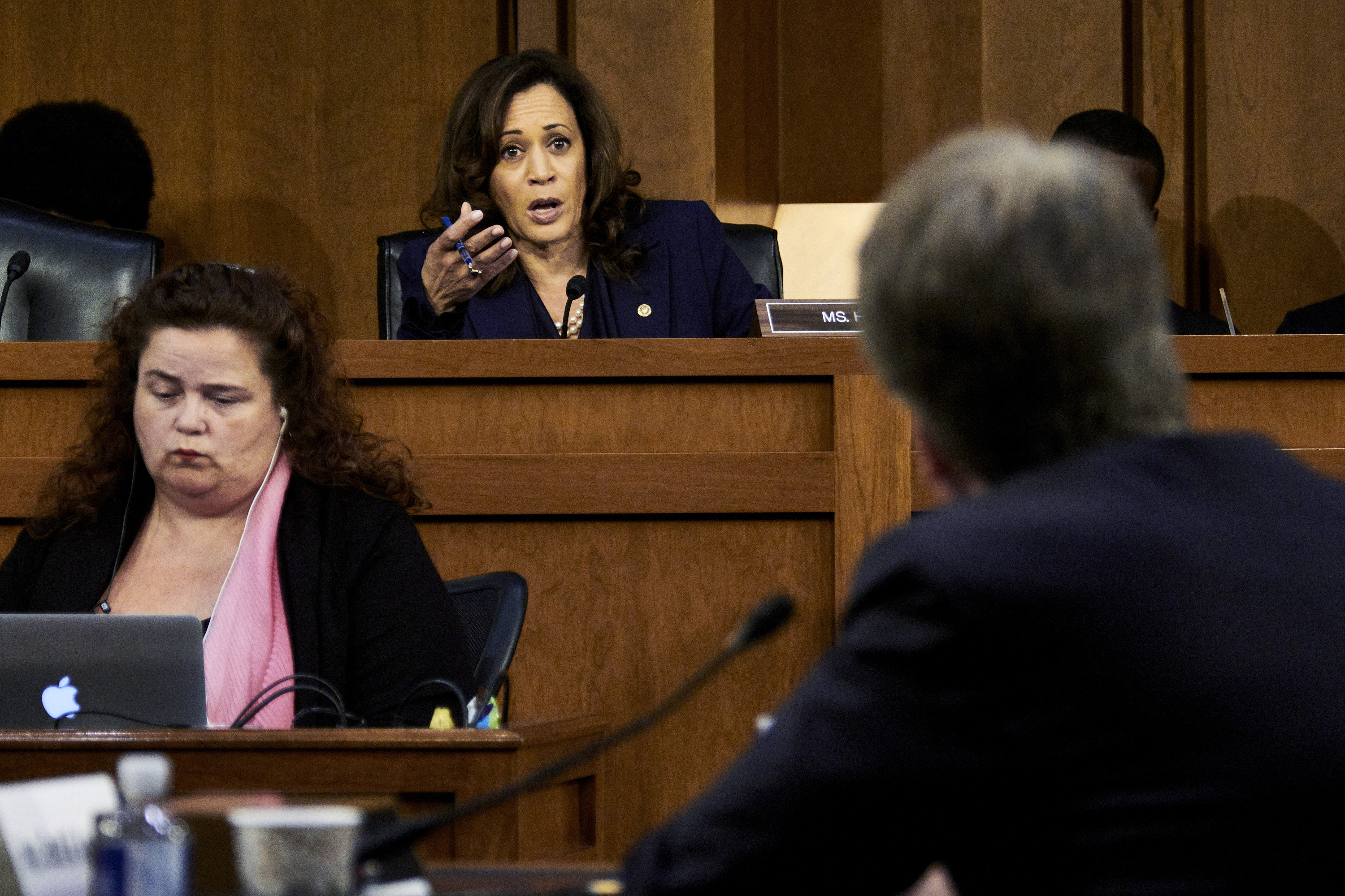 Then-Senator Kamala Harris questions Judge Brett Kavanaugh during confirmation hearings for his nomination to the Supreme Court in September 2018. Photo / T.J. Kirkpatrick, The New York Times