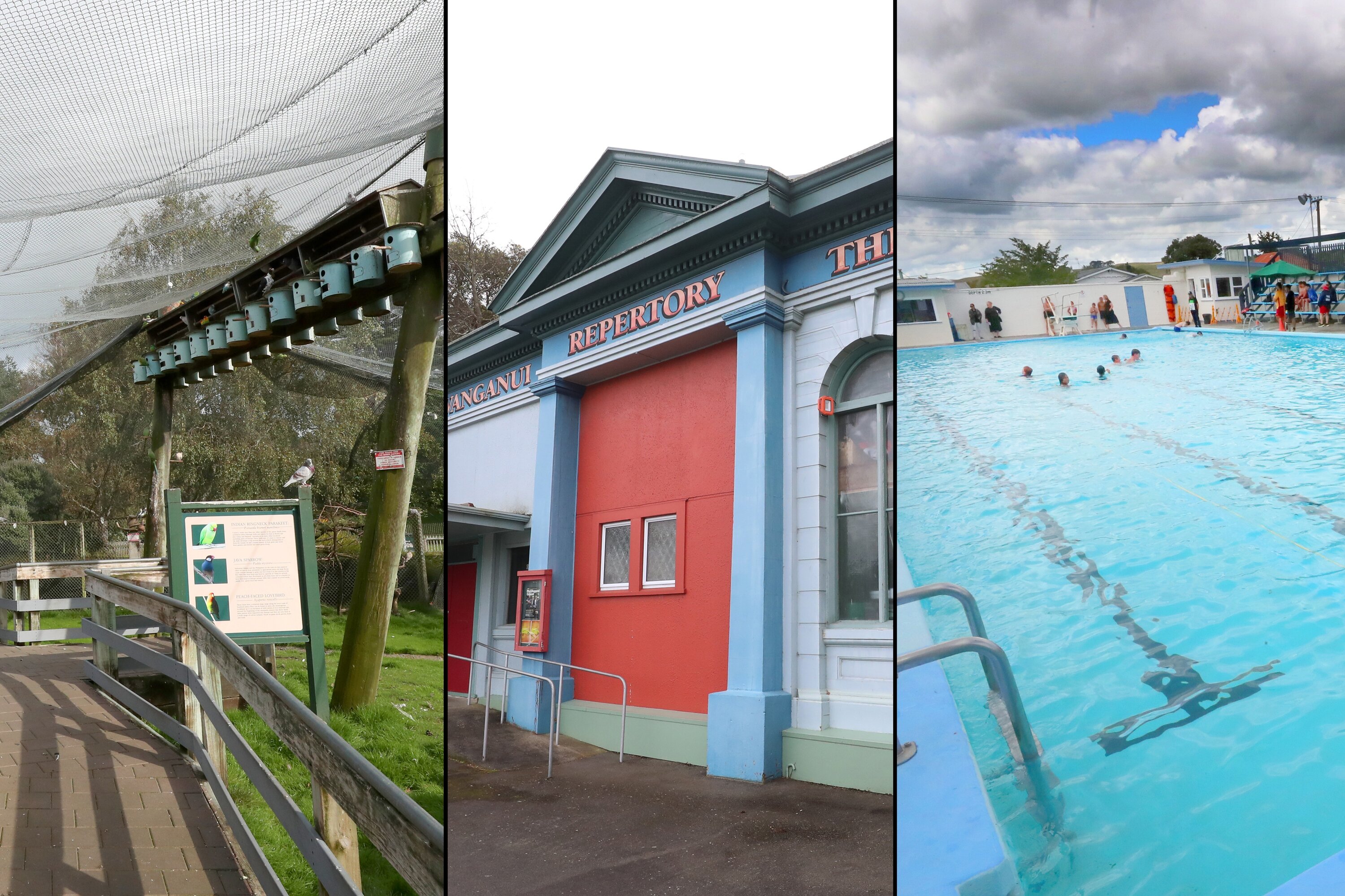 The Rotokawau Virginia Lake aviary (from left), Repertory Theatre and Whanganui East pool are all facing the chop. Photo / Bevan Conley
