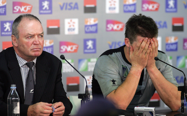 All Black coach Graham Henry and a dejected Richie McCaw at the press conference after their 2007 Rugby World Cup exit. Photo / Photosport