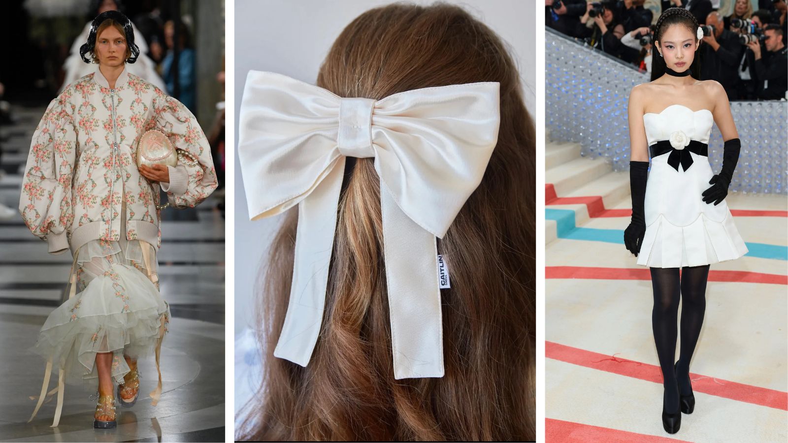 Left to right: Simone Rocha spring/summer 2023, Caitlin Snell hair bows, Jennie Kim wearing Chanel at the 2023 Met Gala.
