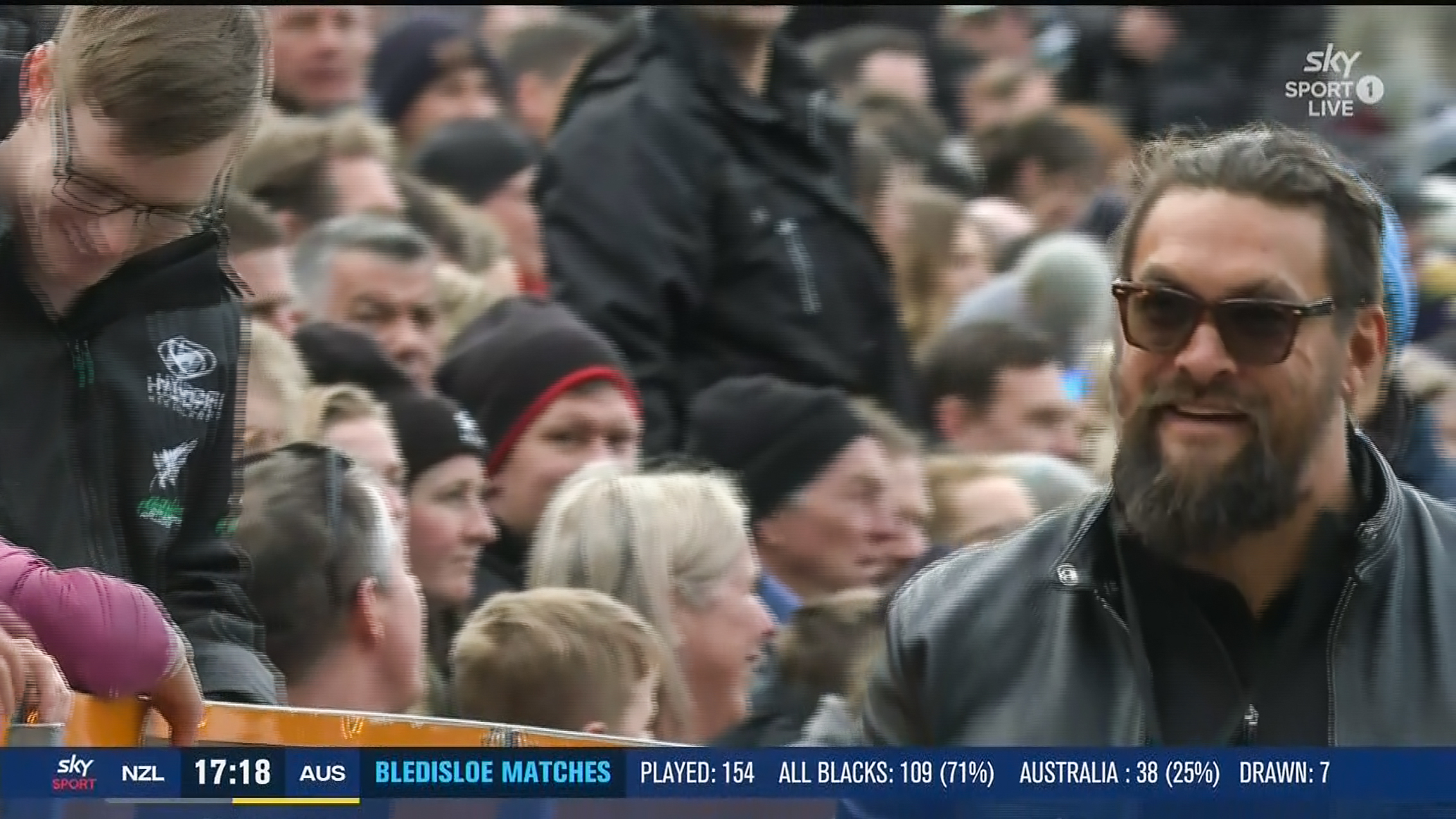 Jason Momoa at the Bledisloe Cup international rugby test between the New Zealand All Blacks and Wallabies at Forsyth Barr Stadium in Dunedin. Photo / Sky Sport