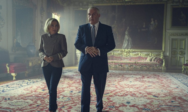 Rufus Sewell as Prince Andrew and Gillian Anderson as Emily Maitlis in the Netflix film Scoop. Photo / Netflix