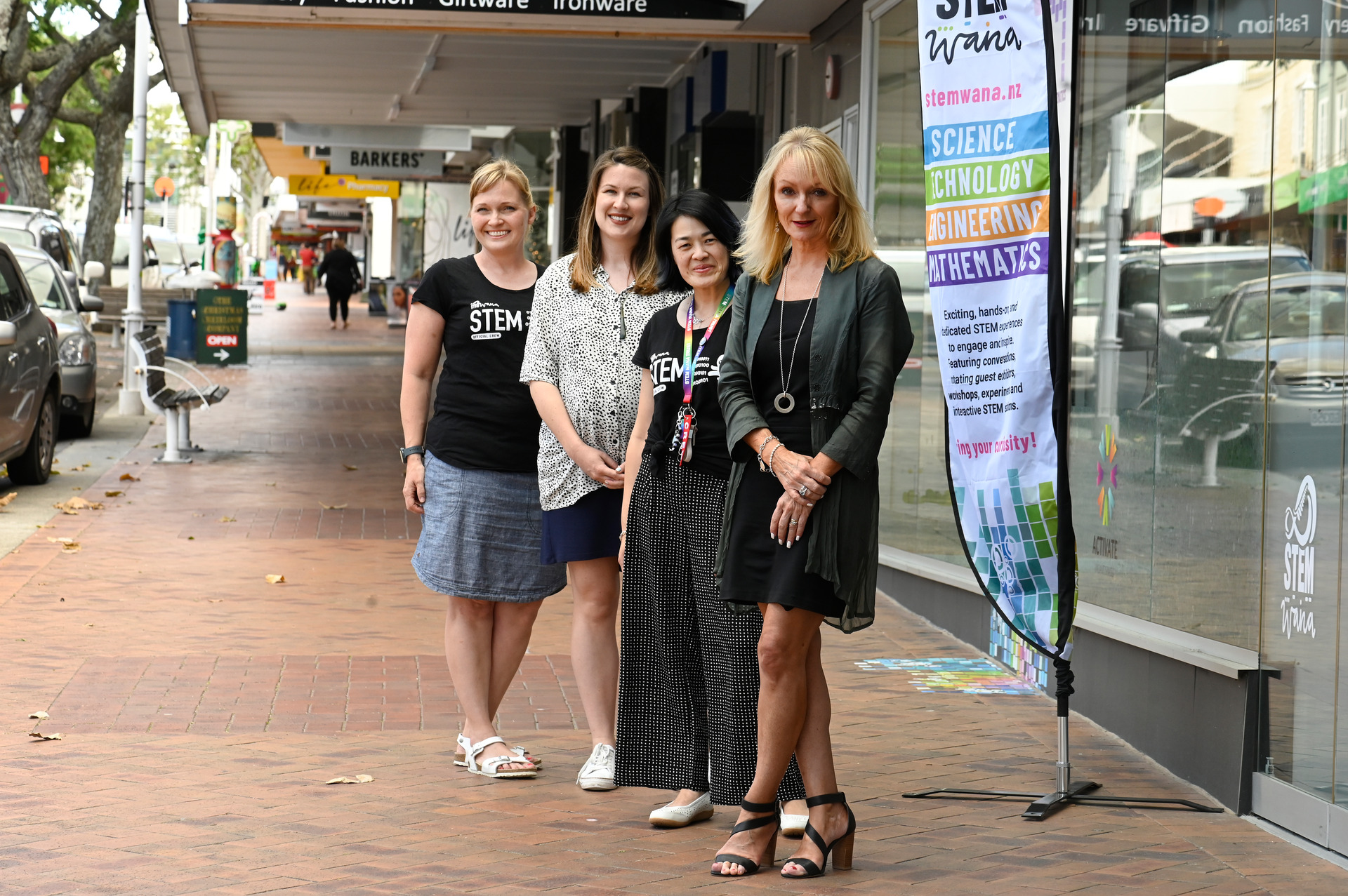 From left, Alyssa Minshall projects director for STEM Wana Trust, Millie Pidwell Mainstreet Tauranga manager, Tia Lush trustee STEM Wana Trust and Sally Cook Mainstreet Tauranga. Photo / George Novak 