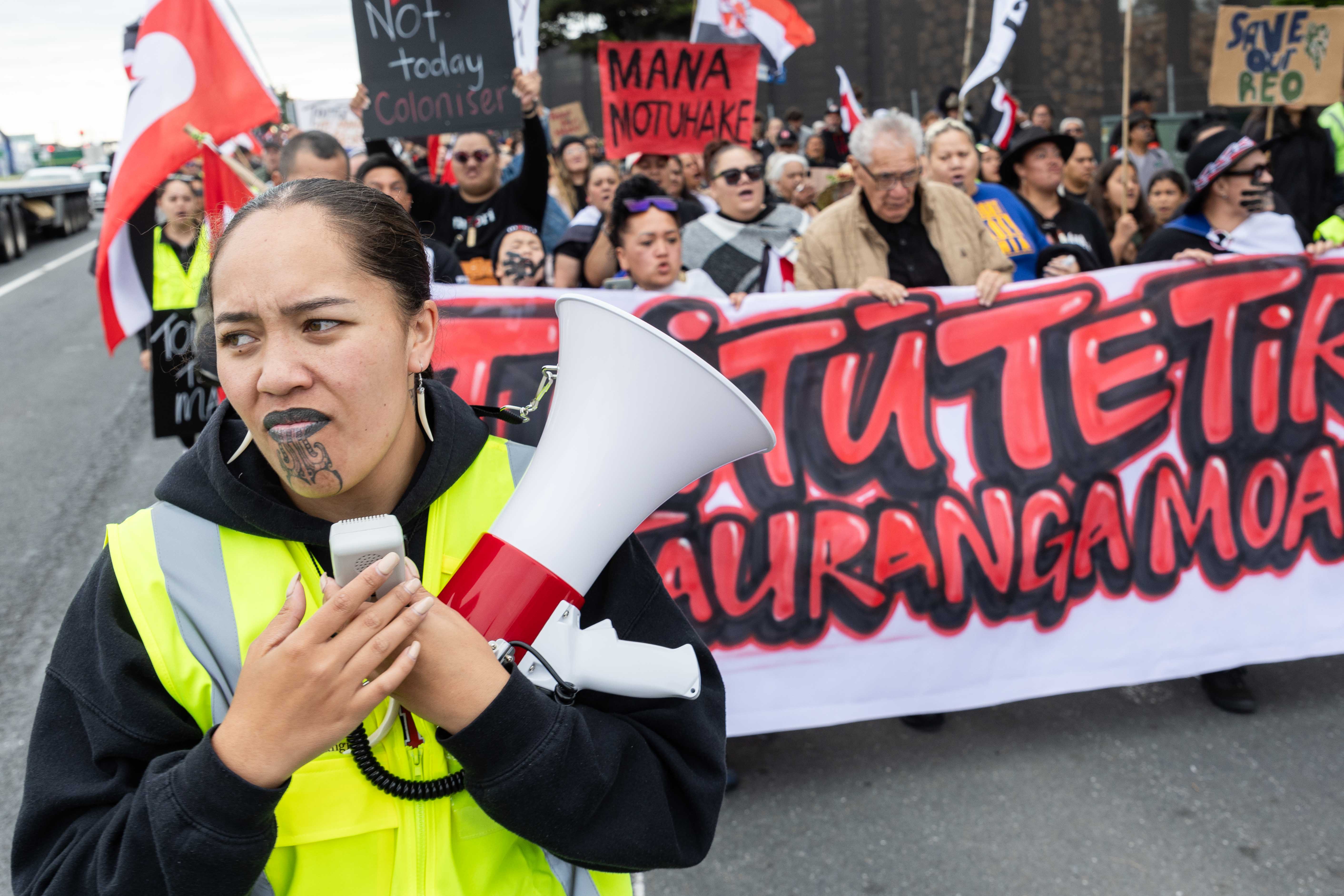 Ngāi Te Rangi marching in protest in Tauranga over the new coalition Government policies impacting on Māori. Photo / Alex Cairns