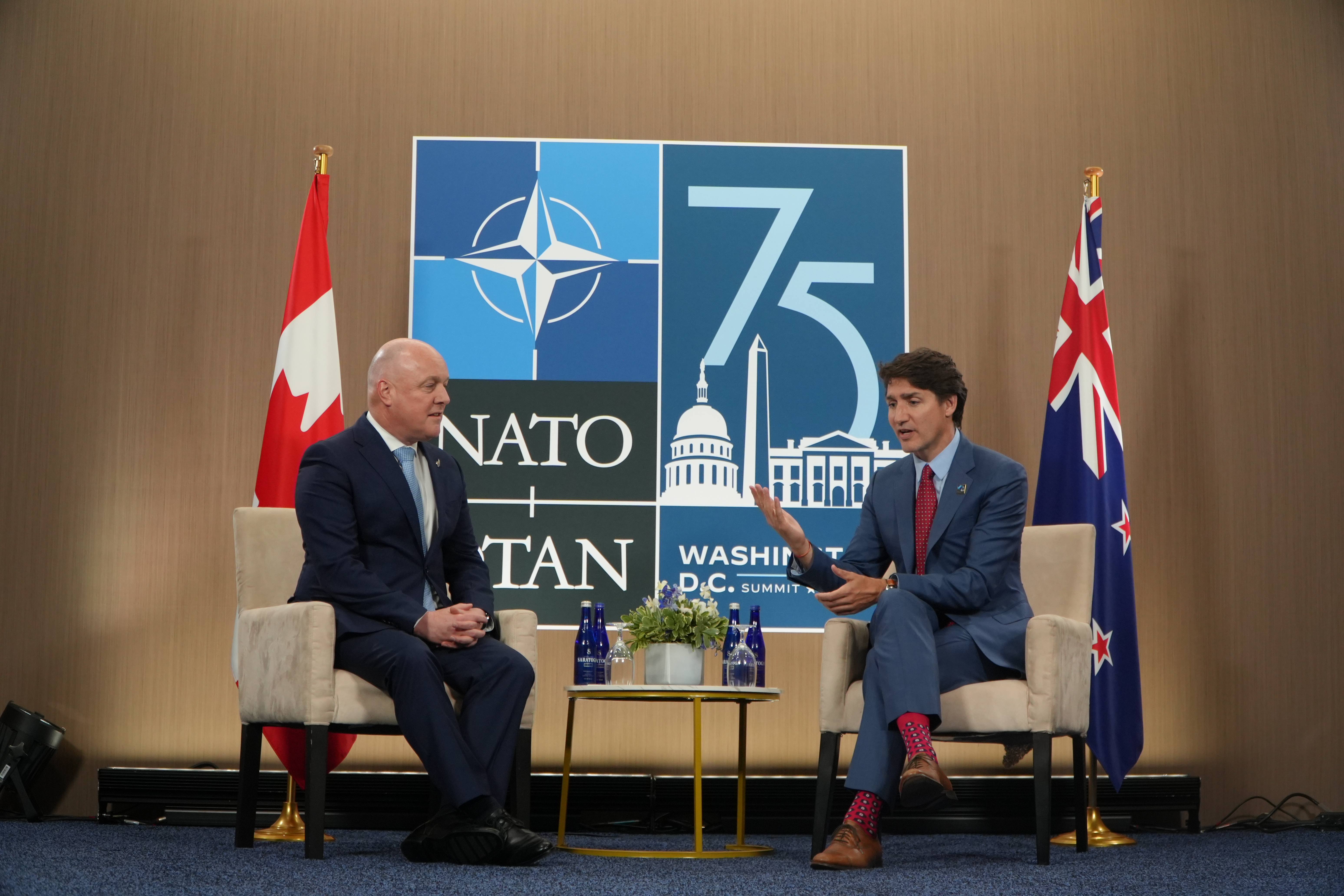 PM Christopher Luxon chatting with Canadian PM Justin Trudeau. Photo / Pool