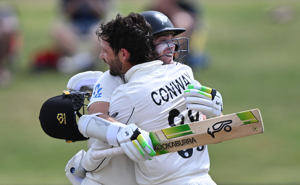 Tom Latham celebrates Devon Conway's second century of the test, against the West Indies at Bay Oval. Photo / Photosport