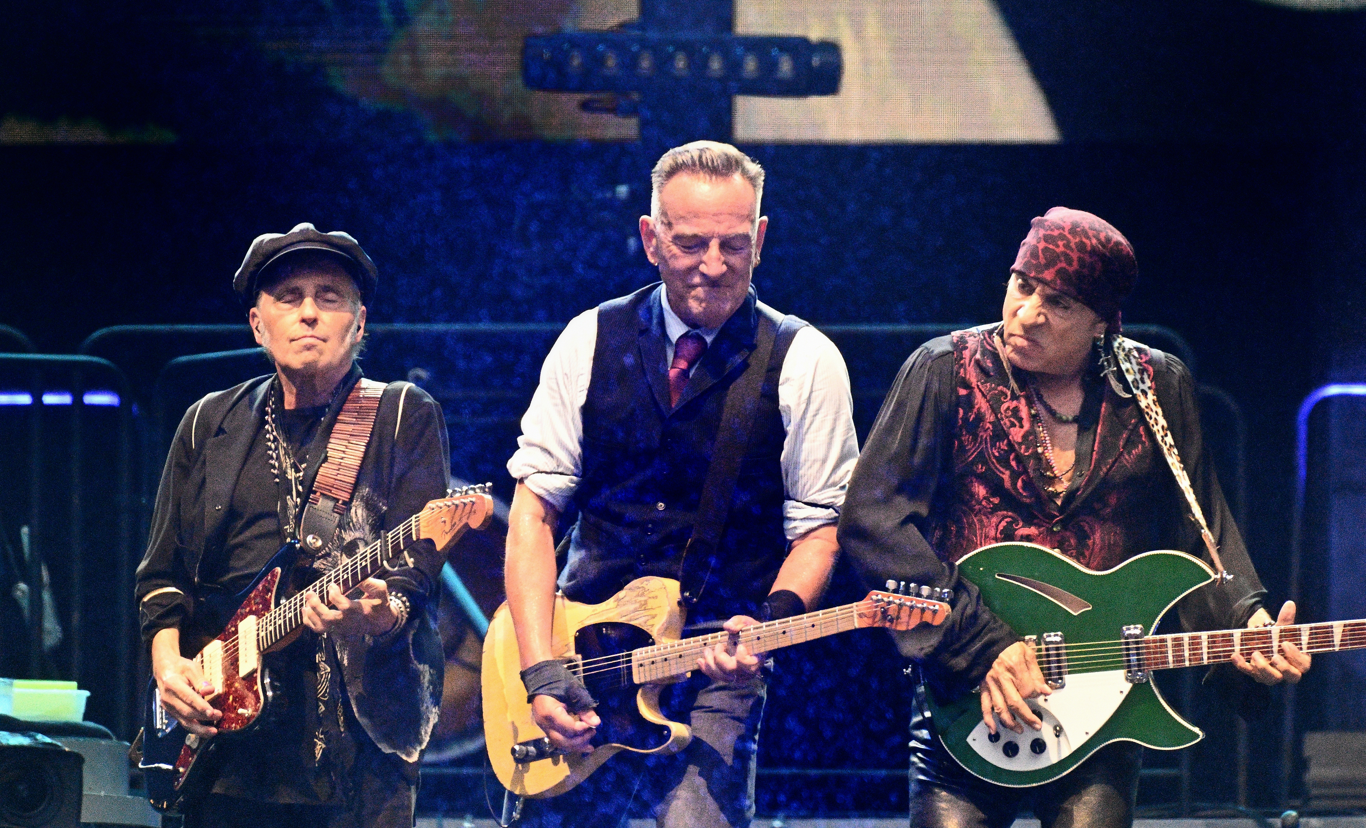 Nils Lofgren, Bruce Springsteen and Steven Van Zandt on stage at Wembley Stadium, July 25, 2024.  Photo / Gus Stewart