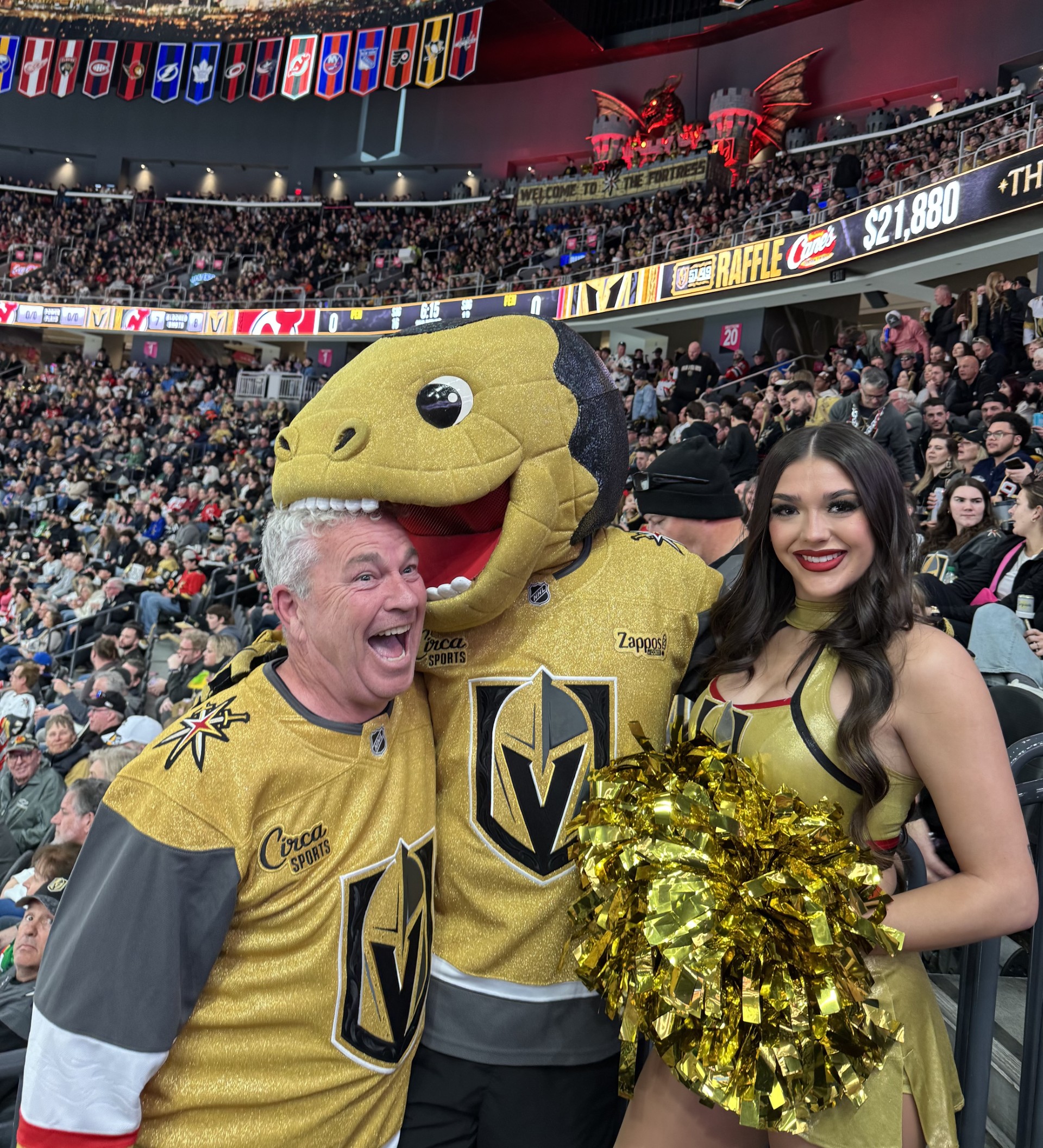 Herald writer Dean McLachlan has a run-in with Chance, the Golden Knights’ Gila monster mascot. Photo / Dean McLachlan