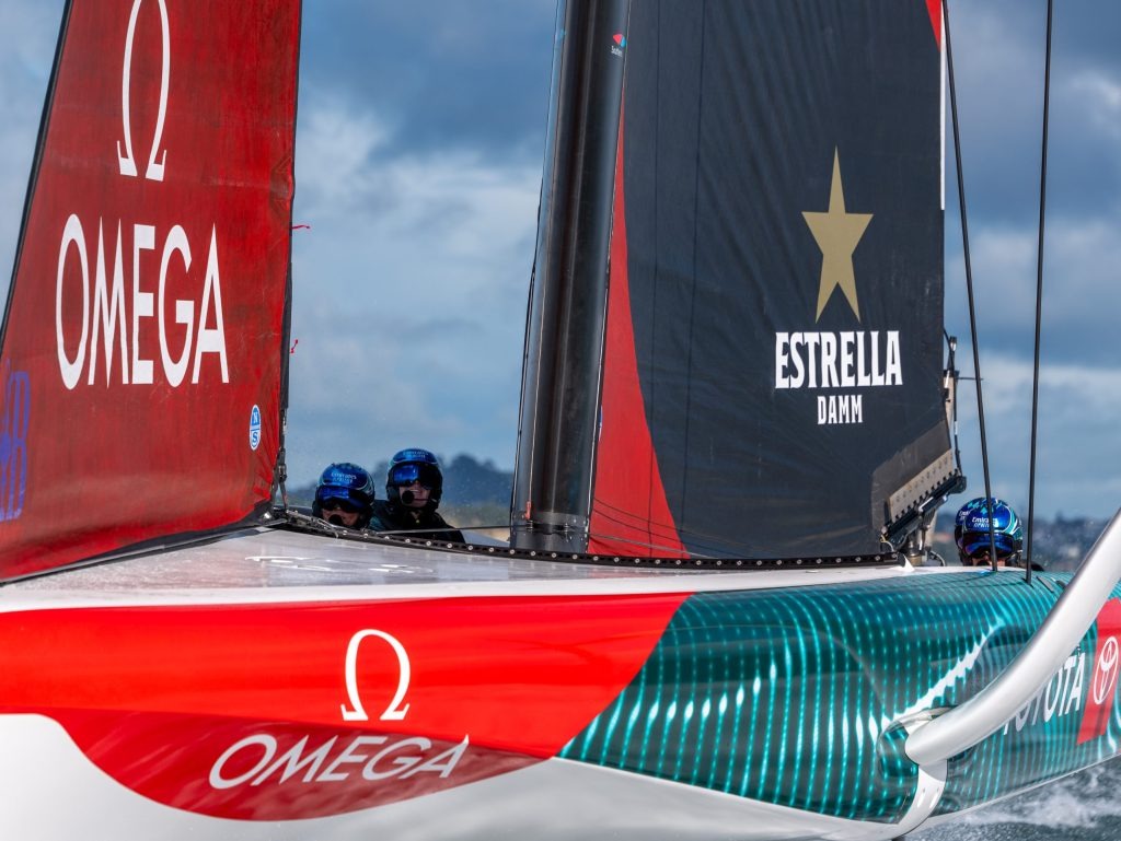 Liv Mackay (left) co-helming Team NZ’s AC40 on the Hauraki Gulf. Photo / ETNZ