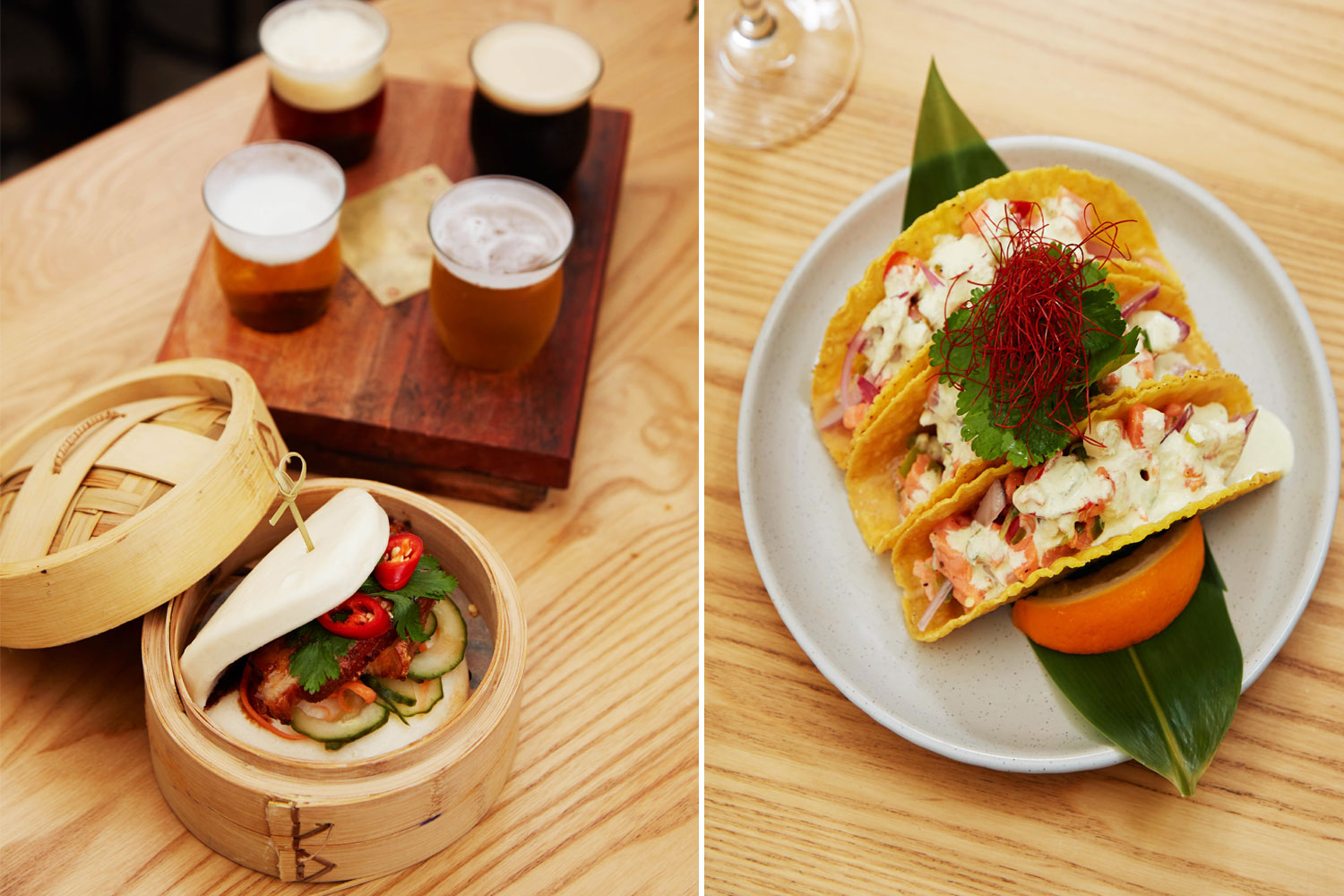 Hoppers’ pork belly bao bun and salmon ceviche tacos. Photo / Rebecca Zephyr Thomas