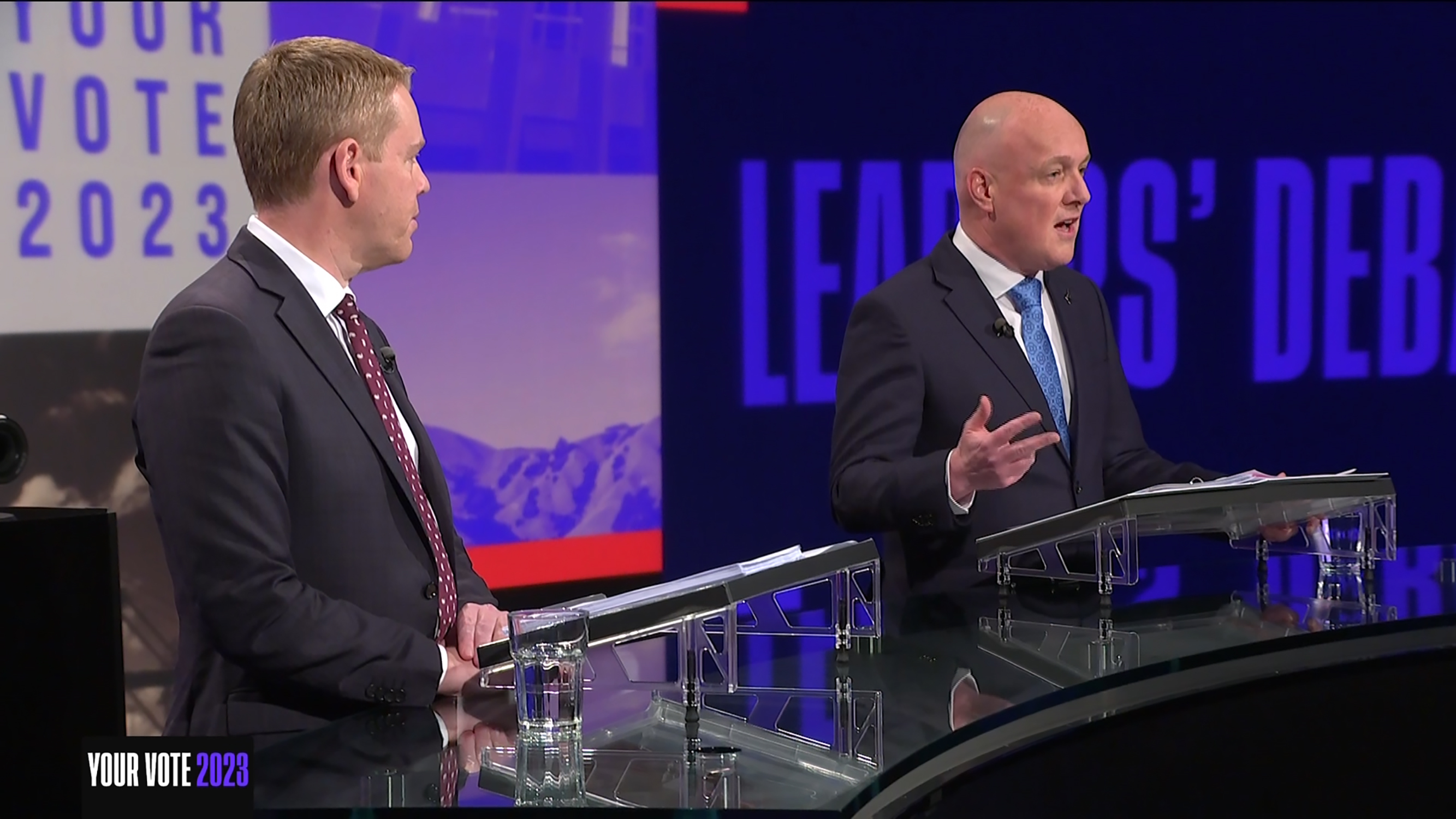 Chris Hipkins and Christopher Luxon in the first Leaders' Debate on TVNZ1. Photo / TVNZ