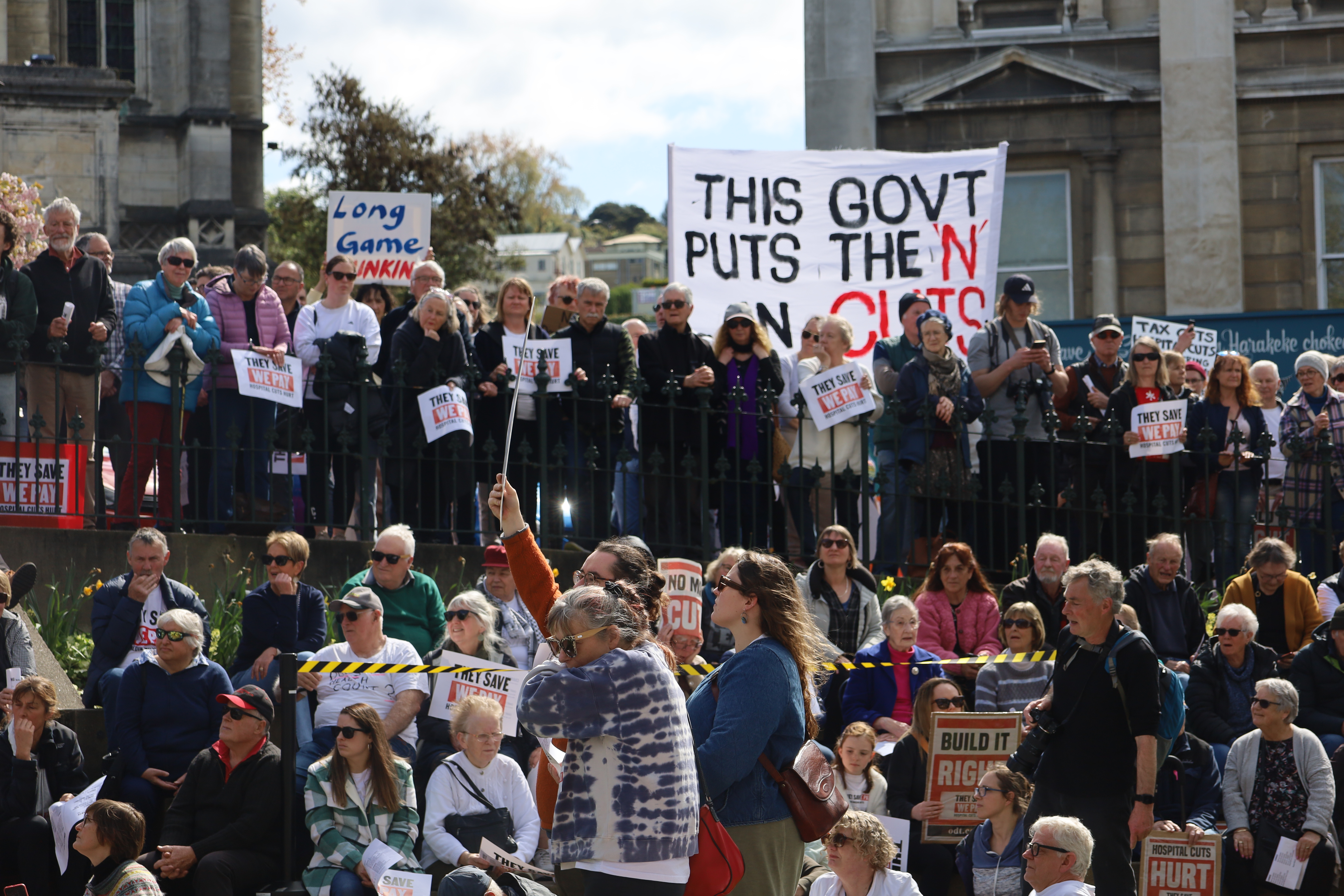 Thousands gathered in Dunedin on Saturday to protest the governments cuts to the city's new hospital. Photo / Ben Tomsett