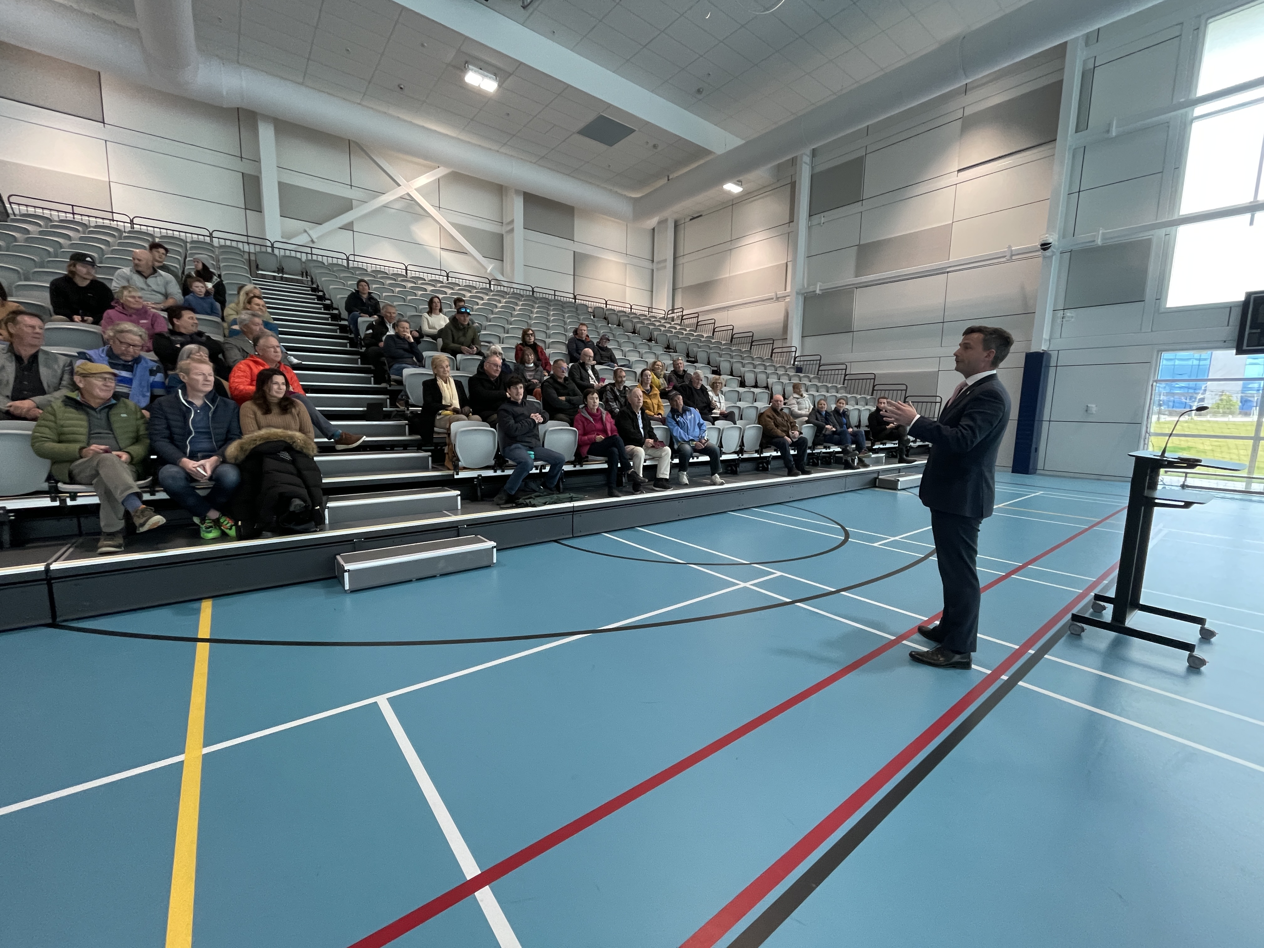 Act leader David Seymour addressing a mostly empty high school gym in Queenstown yesterday. Photo / Derek Cheng