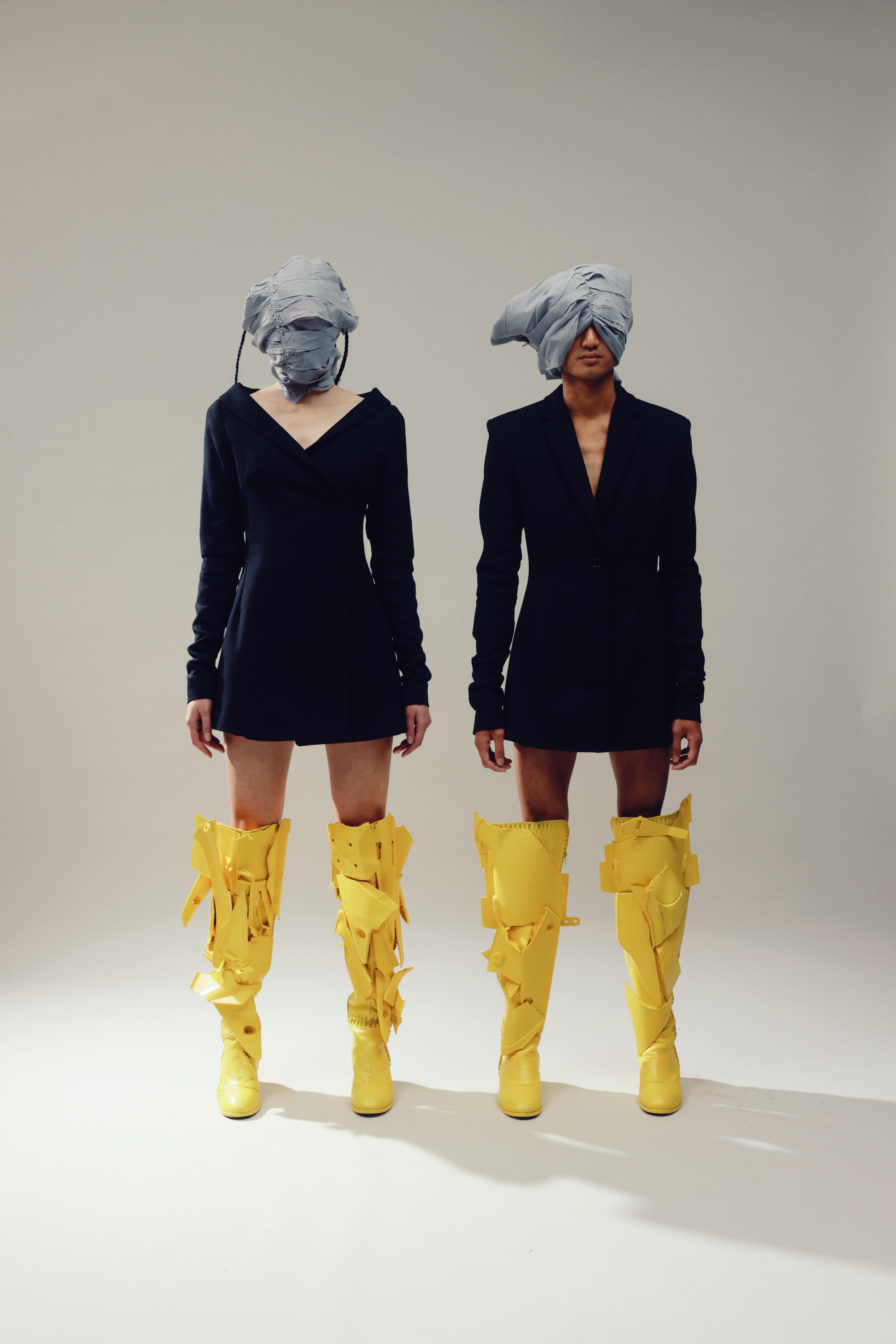 The bright yellow boots have pieces of 
