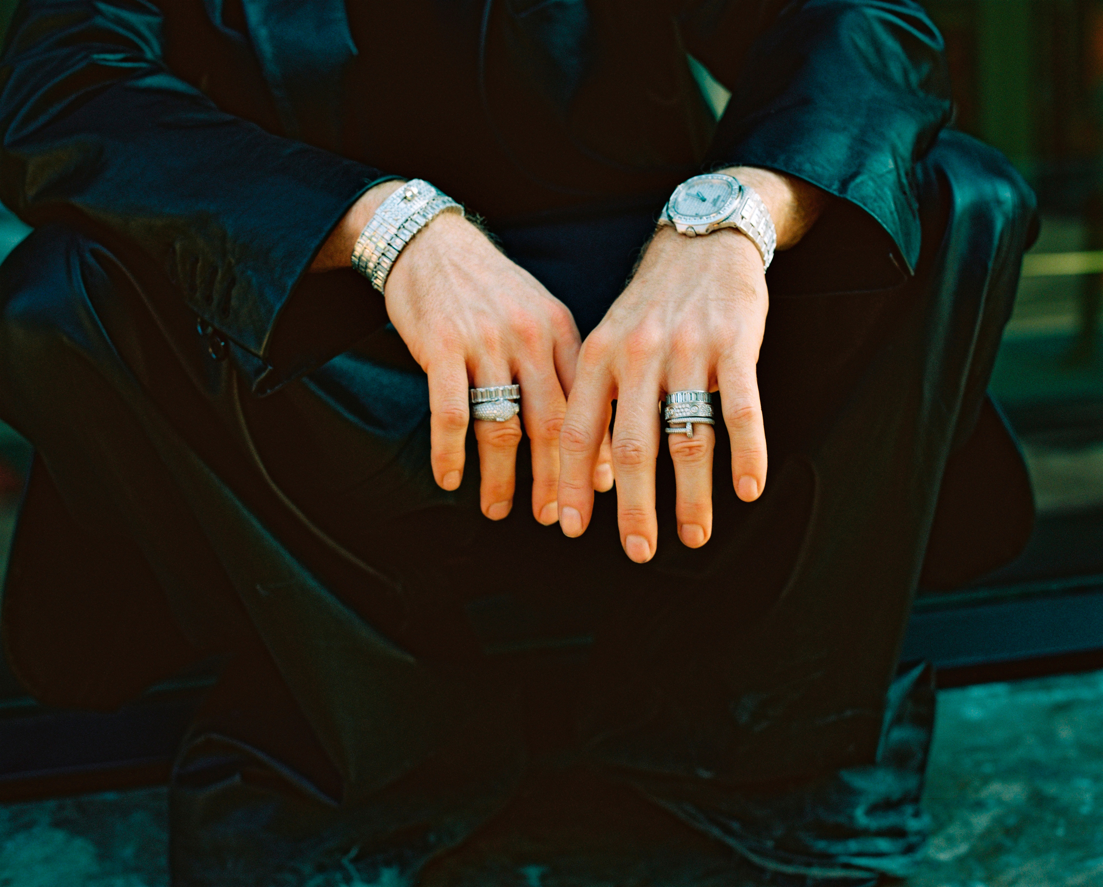 Guram Gvasalia wears some of his watch and jewellery collection, including a Patek Philippe Nautilus 5719. Photo / Cedrine Scheidig, The New York Times