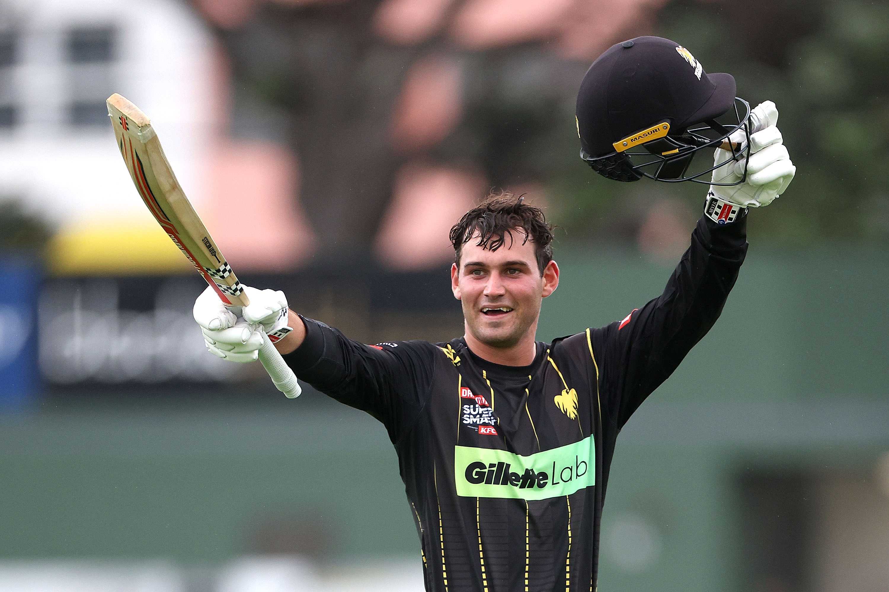 Tim Robinson celebrates his century against Otago. Photo / Photosport