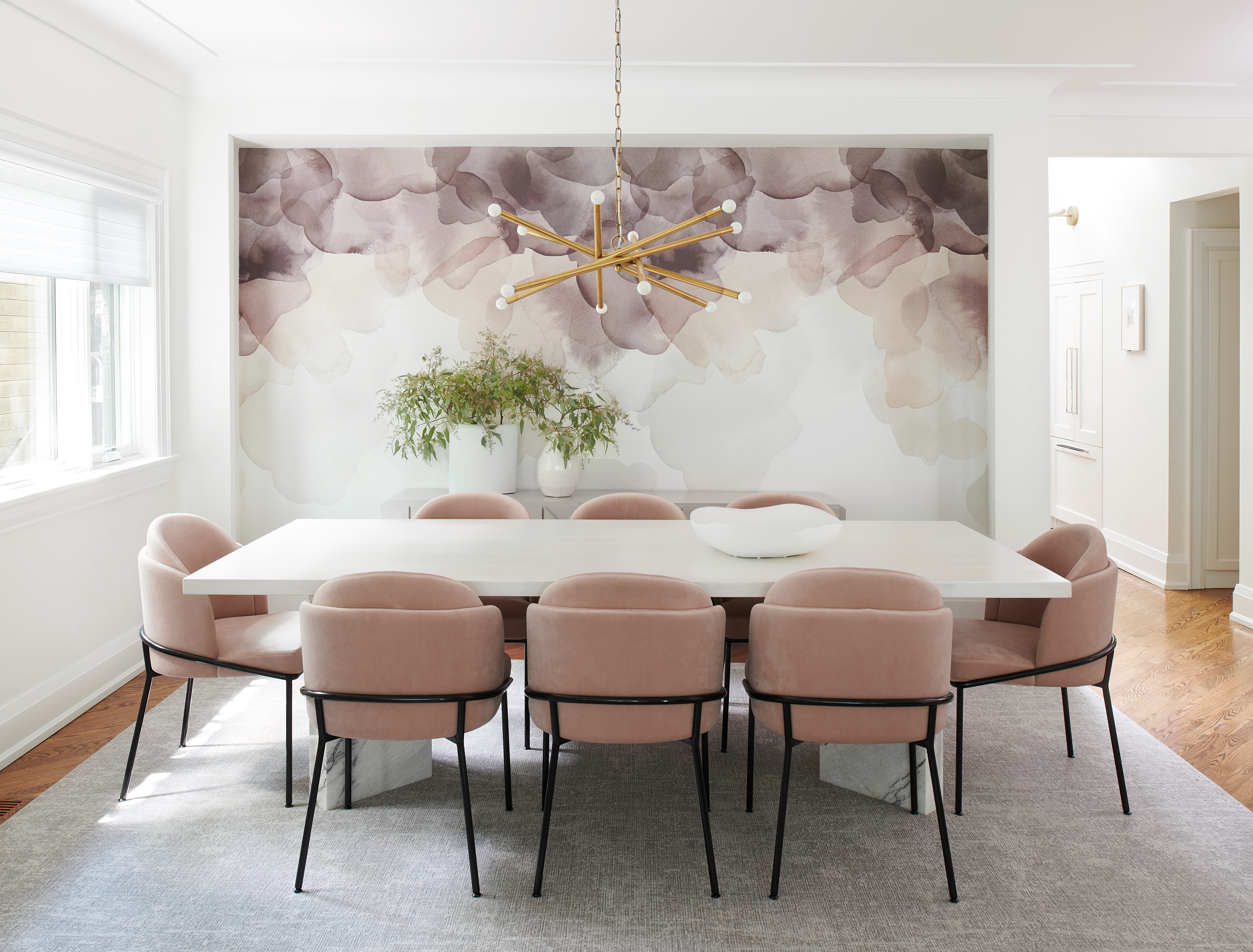 Toronto-based Meghan Carter Design used Emma Hayes Bloom wallpaper in Plum to create a calm, beautiful and refined dining room. Photo / Alex Lukey