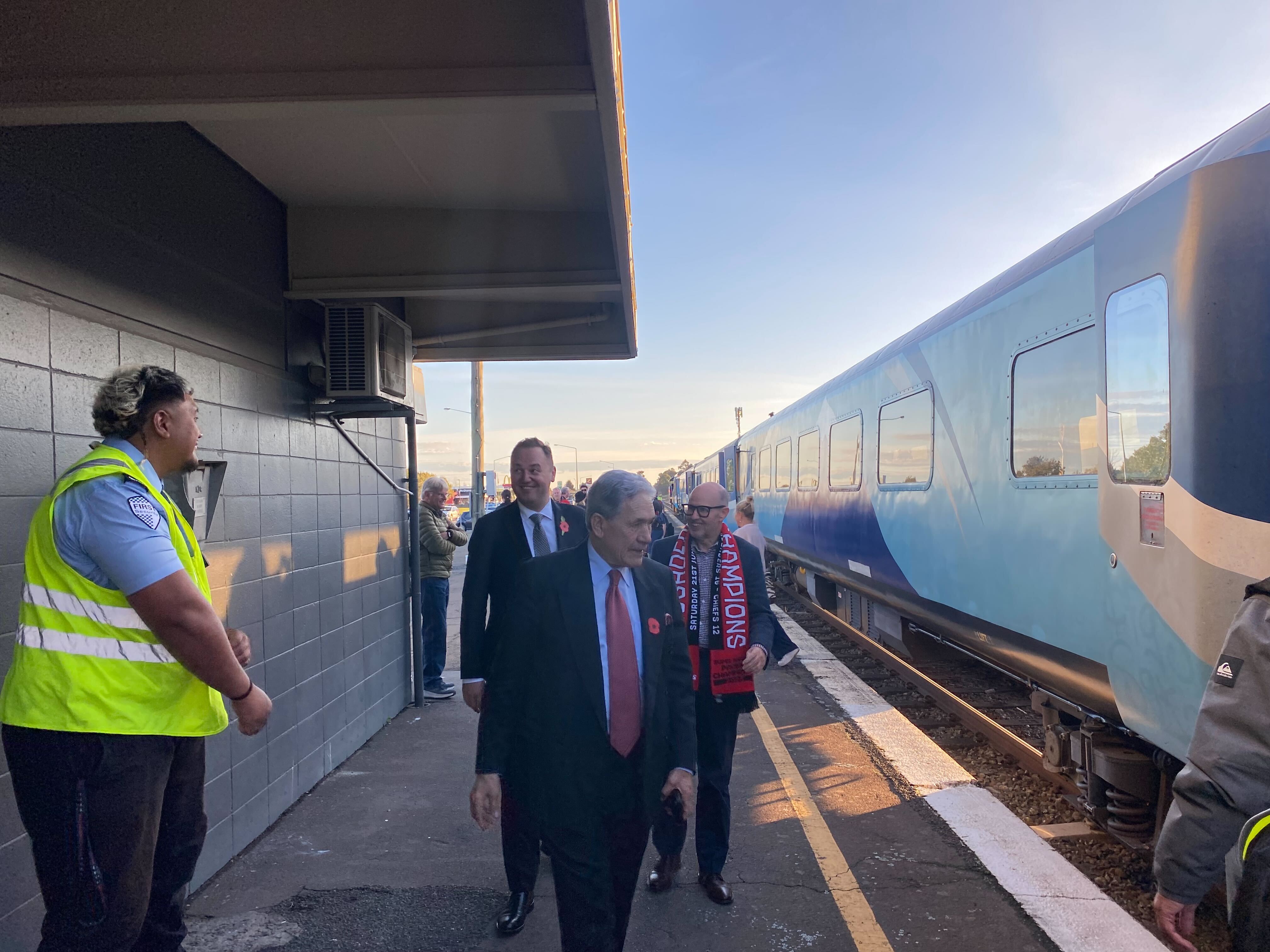 Rail Minister Winston Peters arrives at the Crusaders fan train. Photo / Jazlyn Whales
