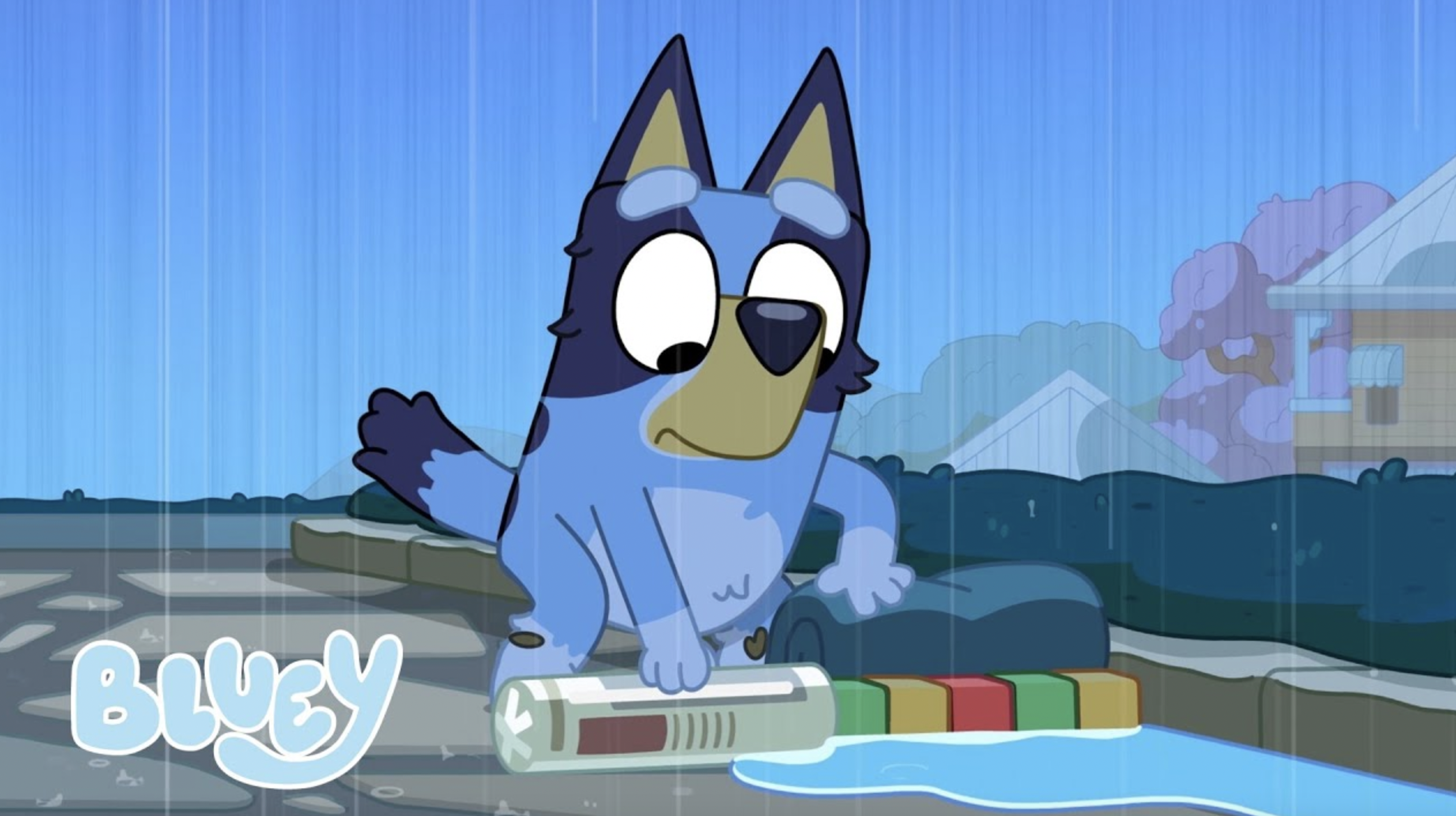 Bluey creating a dam in the 'Rain' episode. Photo / Youtube