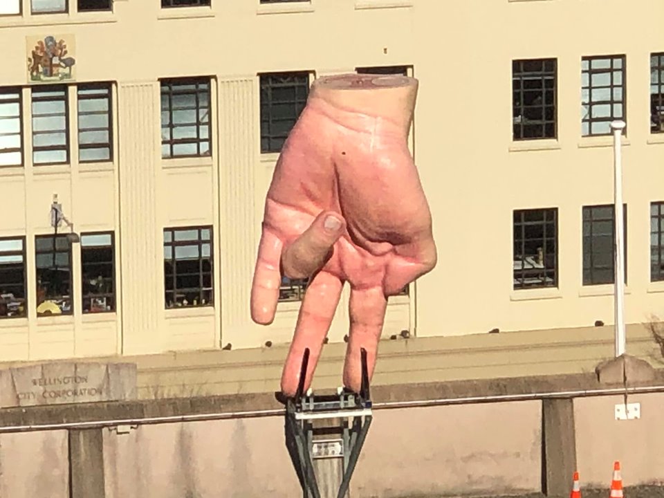 Terrifying' hand sculpture flies in to give Wellington nightmares