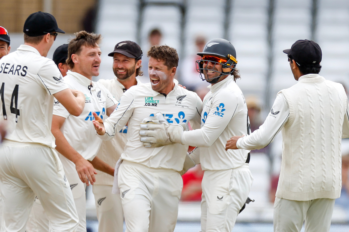 The Black Caps celebrate Henry Nicholls' run out of Joe Root on day five of the third test against England. Photo / Photosport
