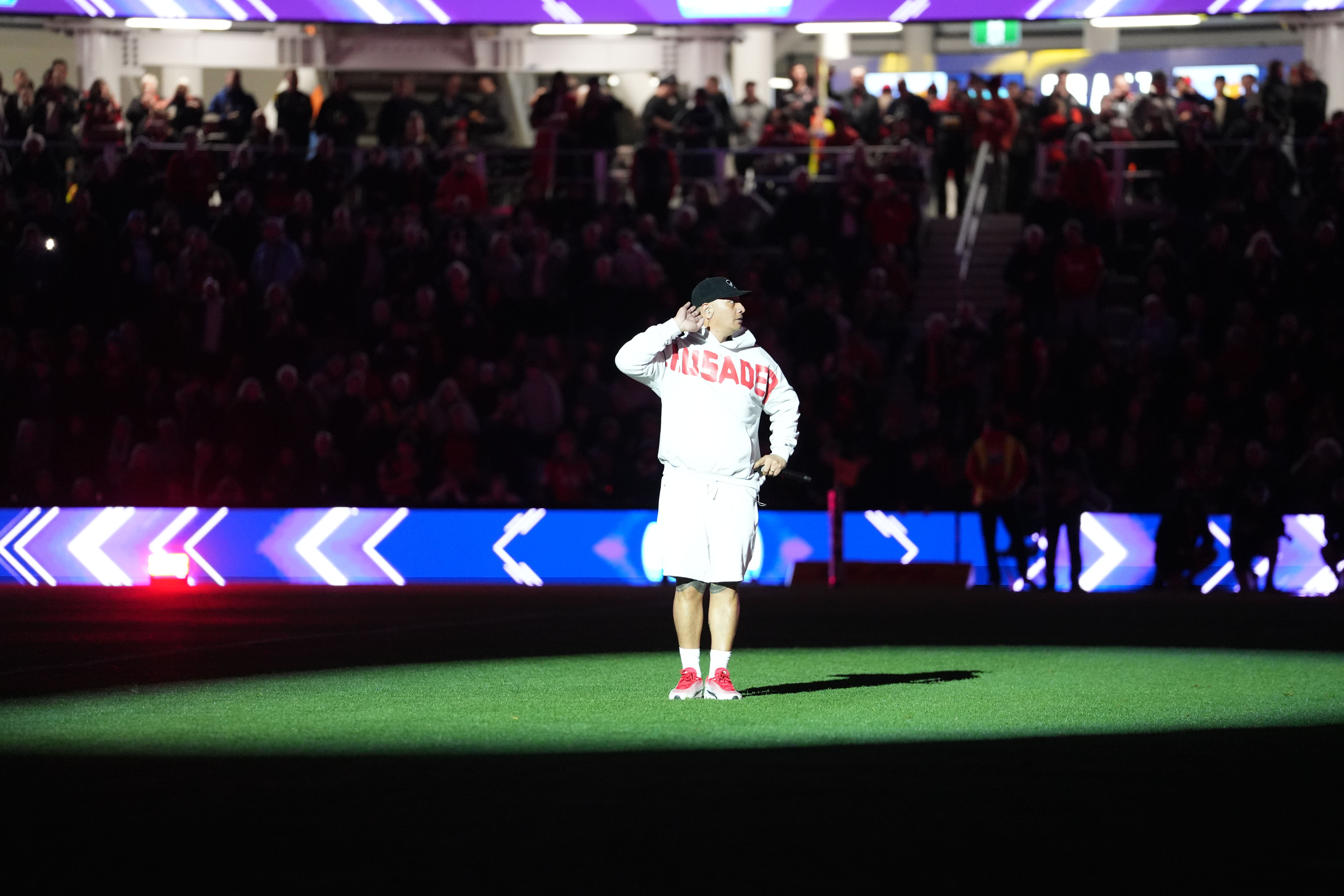 Scribe performs the halftime show at the opening match at One NZ Stadium between the Crusaders and the Waratahs. Photo / Alyse Wright