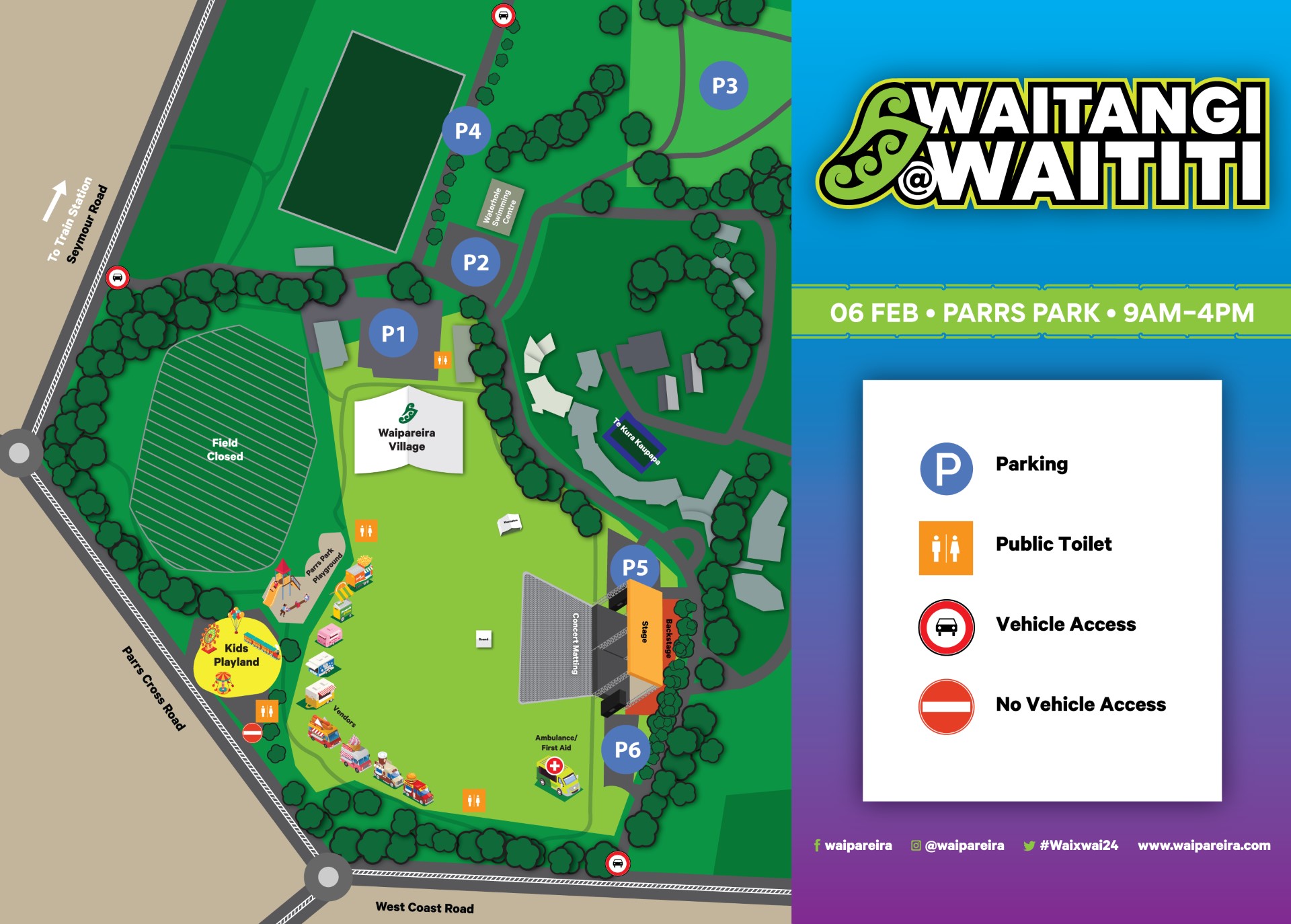 Site map of Tuesday's Waitangi@Waititi concert.