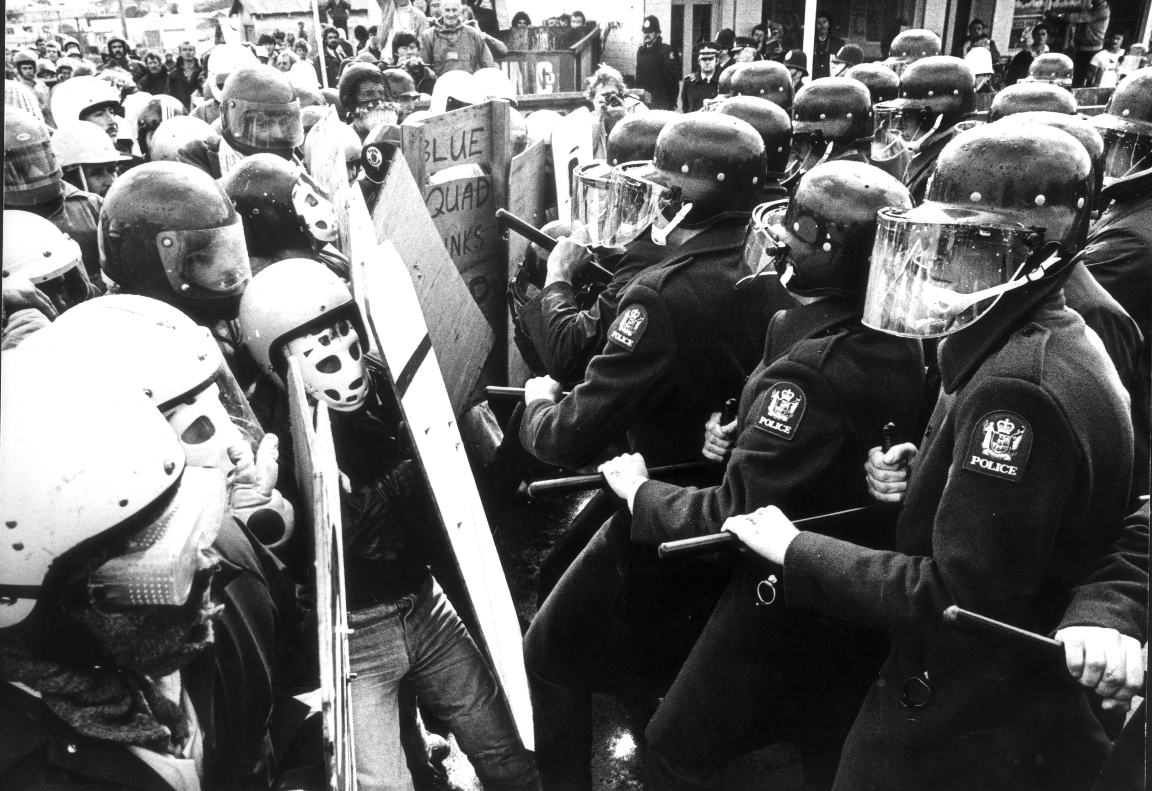 Protesters face up to police during the 1981 Springbok tour. Photo / NZ Herald