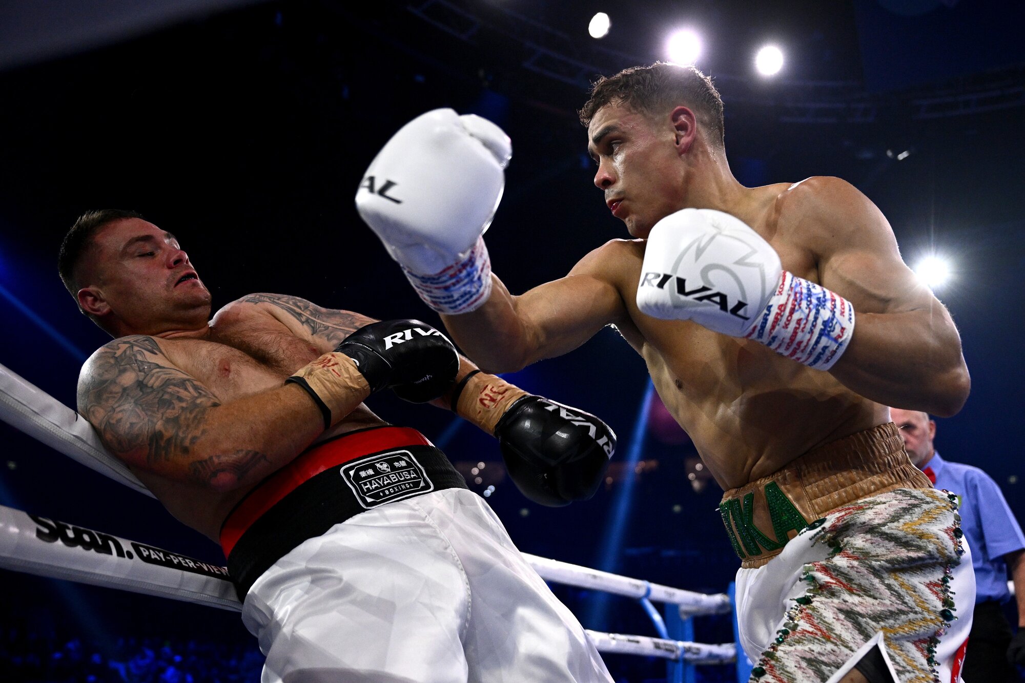 David Nyika (right) and Nikolas Charalampous during their bout in Sydney in 2025. Photo / AAP