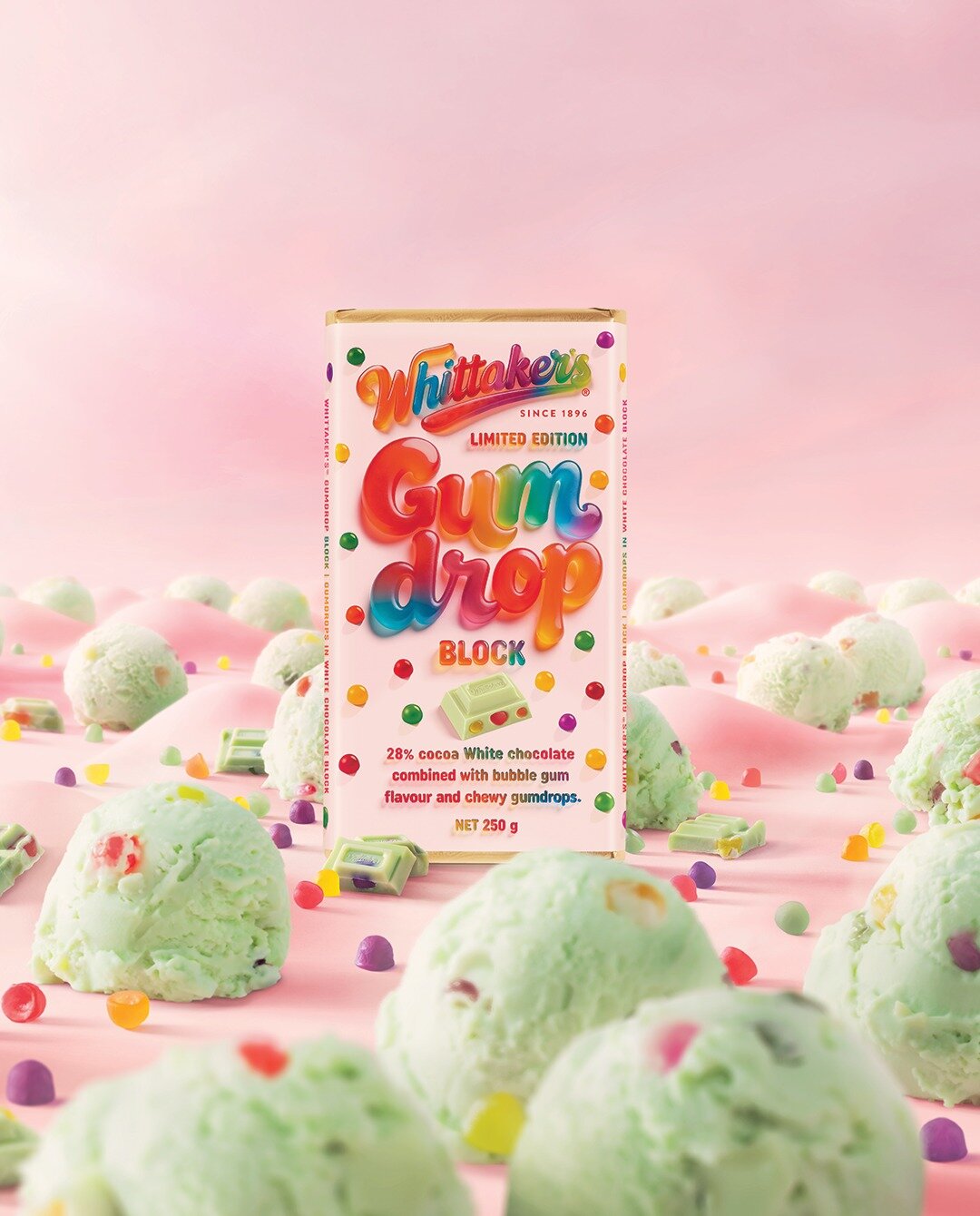 Whittaker's is releasing a new chocolate block flavour inspired by Tip Top's iconic Goody Goody Gum Drops ice cream. Photo / Whittaker's