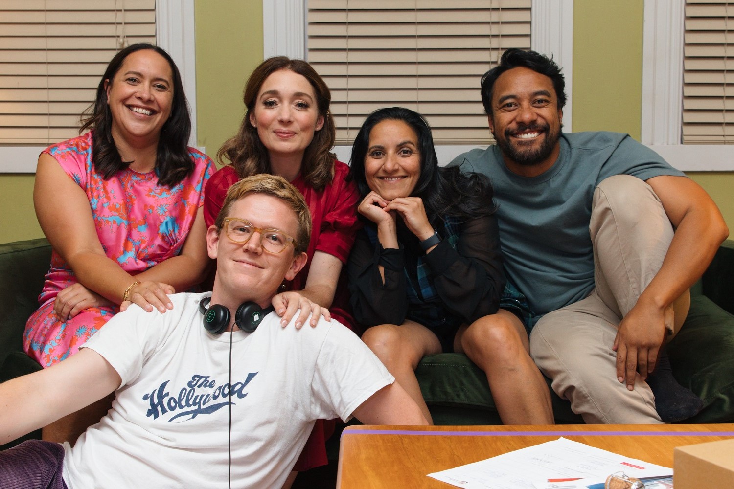 From left: Kura Forrester will return to screens as Lily on Double Parked which stars Antonia Prebble, Madeleine Sami and Dominic Ona-Ariki. Chris Parker - creator of the series - is pictured in the foreground. Photo / Zara Staples