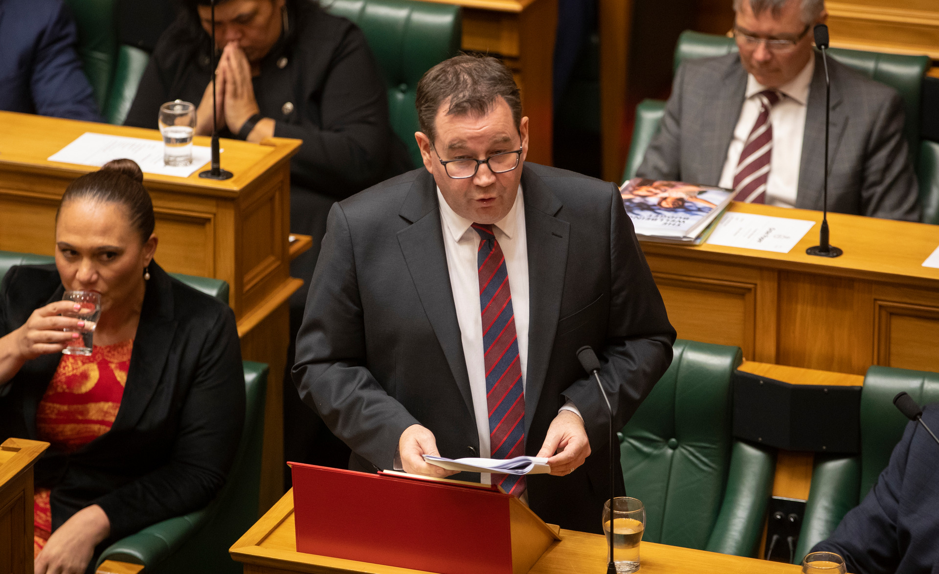 Finance Minister Grant Robertson presents his Wellbeing Budget to Parliament, wearing a tie given to him today by Jacinda Ardern. Photo / Mark Mitchell