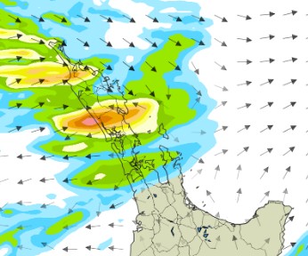The MetService rain forecast for the top of the North Island at 9am today (Sunday). Image / MetService