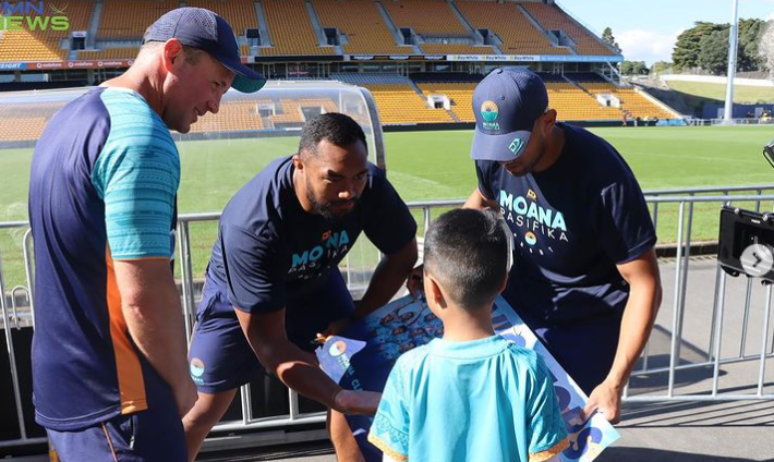 Moana Pasifika players meet young fans before a game at Mount Smart Stadium. Photo / Pacific Media Network