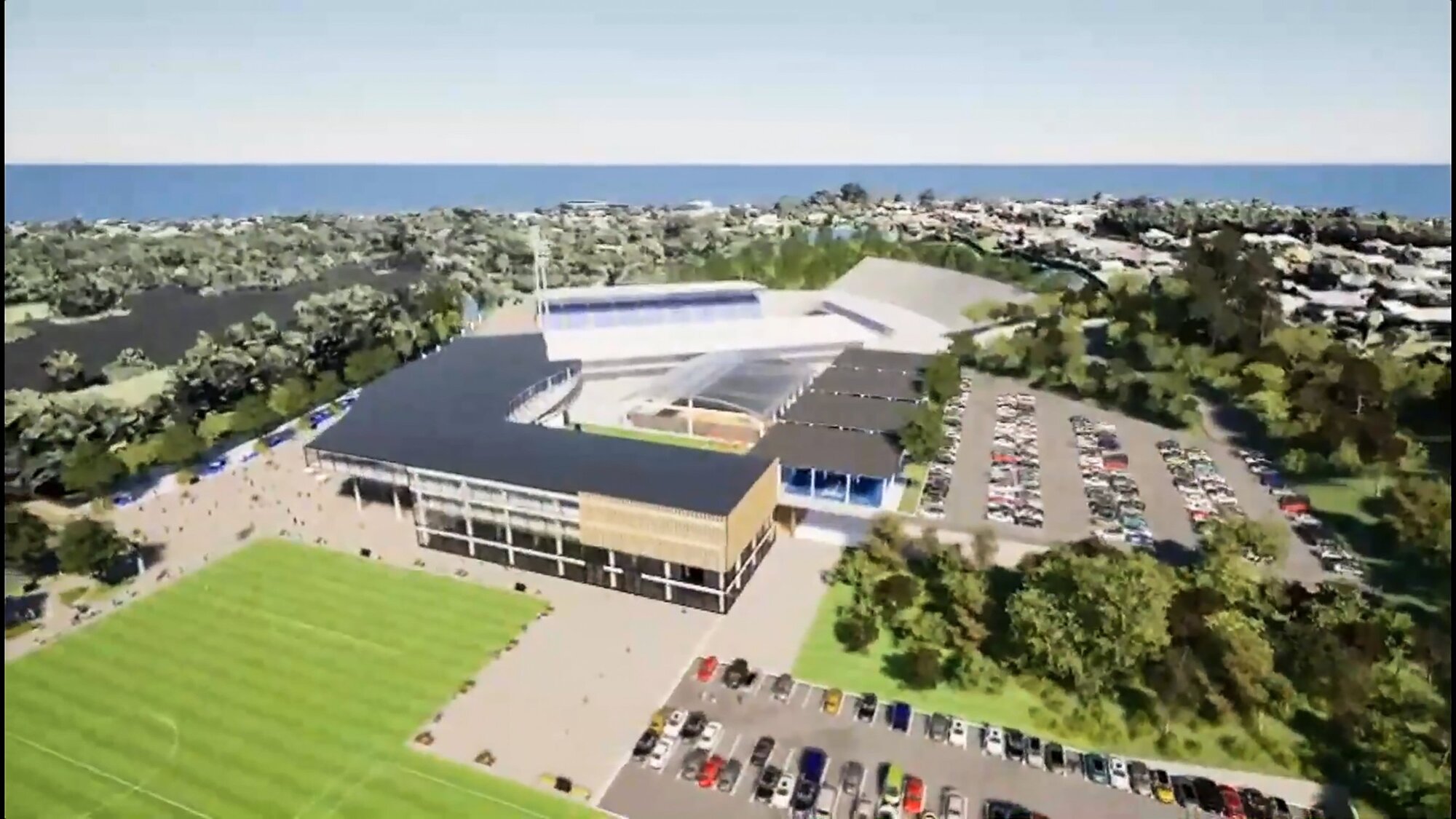 An artist's impression of a proposed redevelopment of Western Springs Stadium to house Auckland FC and basketball facilities from a consortium led by Anna Mowbray and Ali Williams.