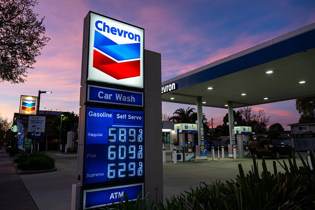 A sign displays the prices of unleaded fuel at a Chevron petrol station in Palo Alto, California, US. Photo / Getty Images