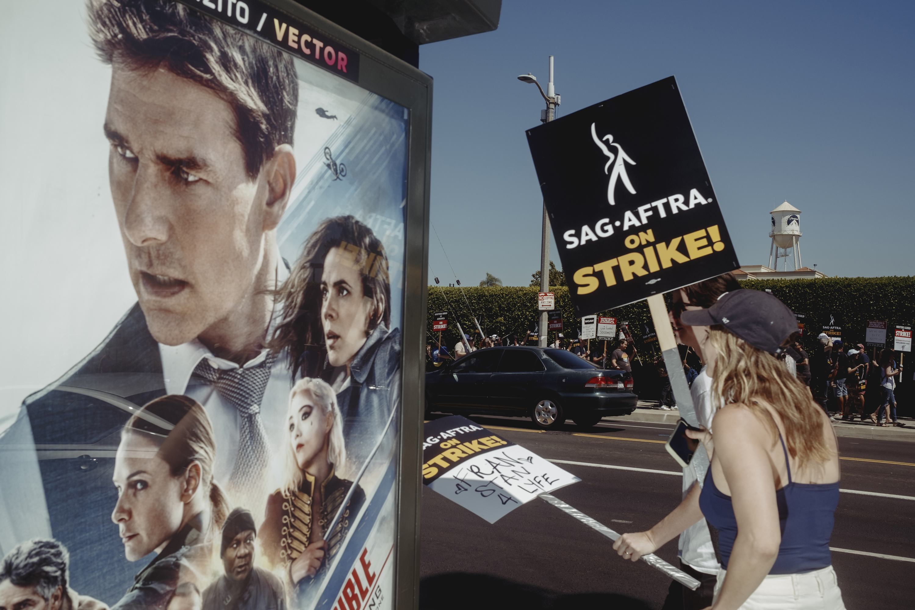 Screen Actors Guild and Writers Guild of America members form a picket line outside Paramount Pictures in Los Angeles on Friday, July 14, 2023. Photo / Mark Abramson, The New York Times