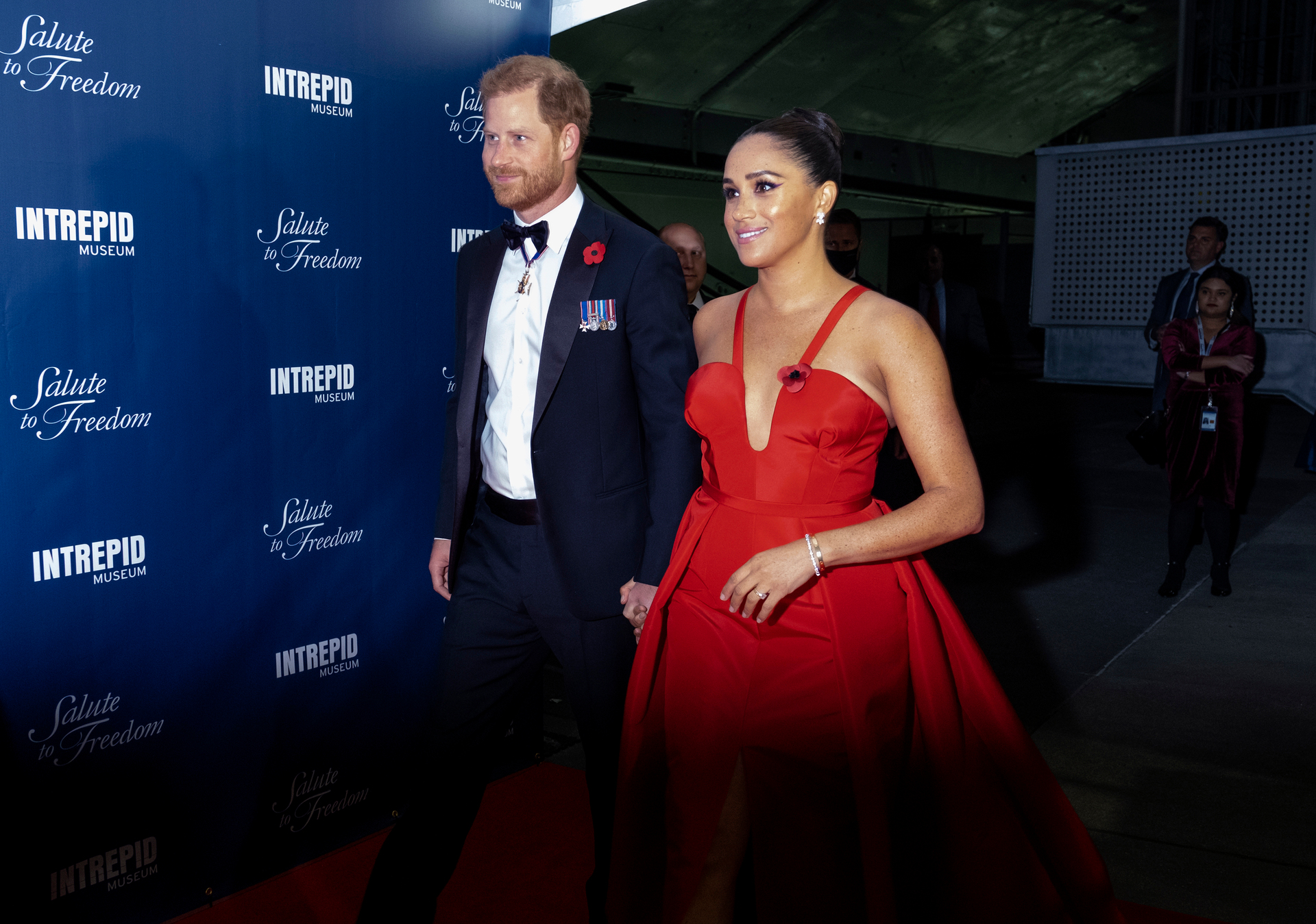 Prince Harry and Meghan Markle, Duke and Duchess of Sussex, arrive at the Intrepid Sea, Air & Space Museum for the Salute to Freedom Gala on Wednesday in New York. Photo / AP