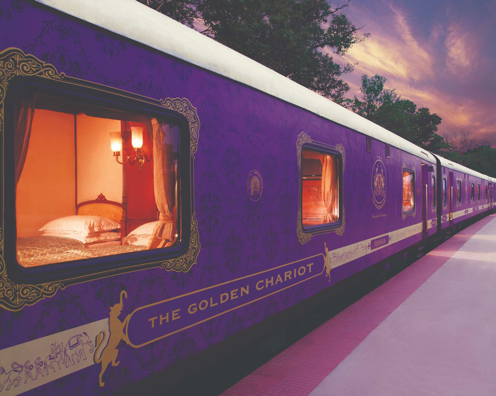 The Golden Chariot offers a grand tour of southern India with rooms named after historical Indian ruling dynasties. Among its numerous luxurious amenities, it boasts an Ayurveda spa and a mini gym for fitness enthusiasts.