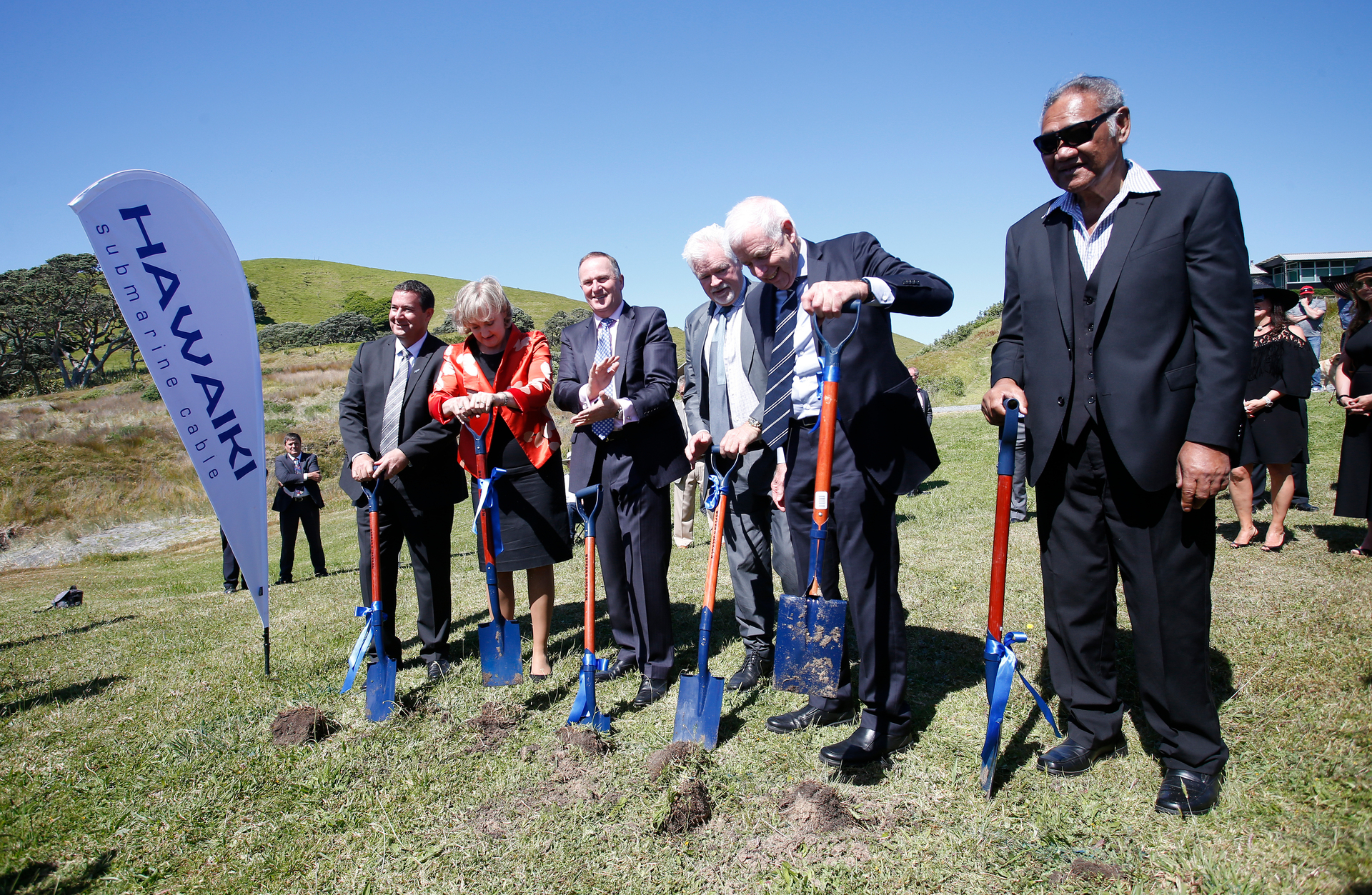 The Hawaiki submarine cable landing and sod-turning ceremony at Mangawhai in November 2016. From left, with positions at the time: Hawaiki chief executive Remi Galasso, Communications Minister Amy Adams, Prime Minister John Key, Hawaiki investor and director Malcolm Dick, Hawaiki chairman and investor Sir Eion Edgar and Te Uri o Hau trustee Russell Kemp. Photo / Michael Cunningham