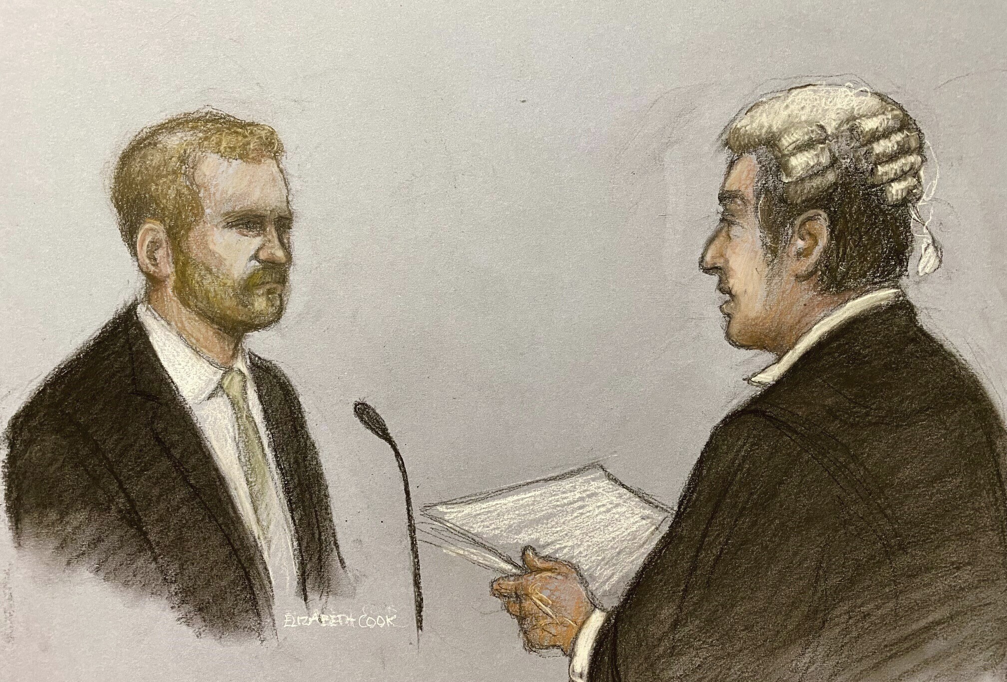 Britain's Prince Harry, left, with his counsel David Sherborne giving evidence at the Rolls Buildings in central London. Illustration / Elizabeth Cook, PA via AP