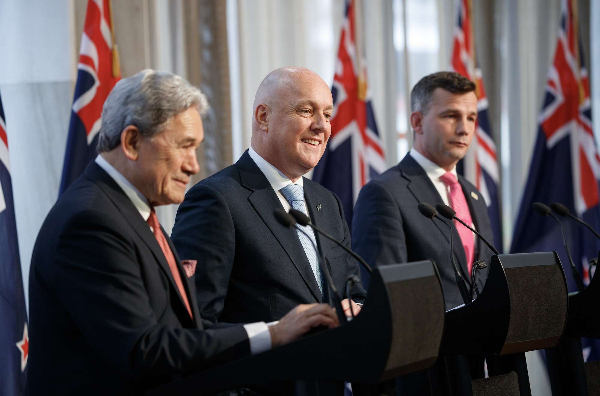 NZ First leader Winston Peters, National leader Christopher Luxon and Act leader David Seymour after signing their coalition agreement. Photo / Mark Mitchell