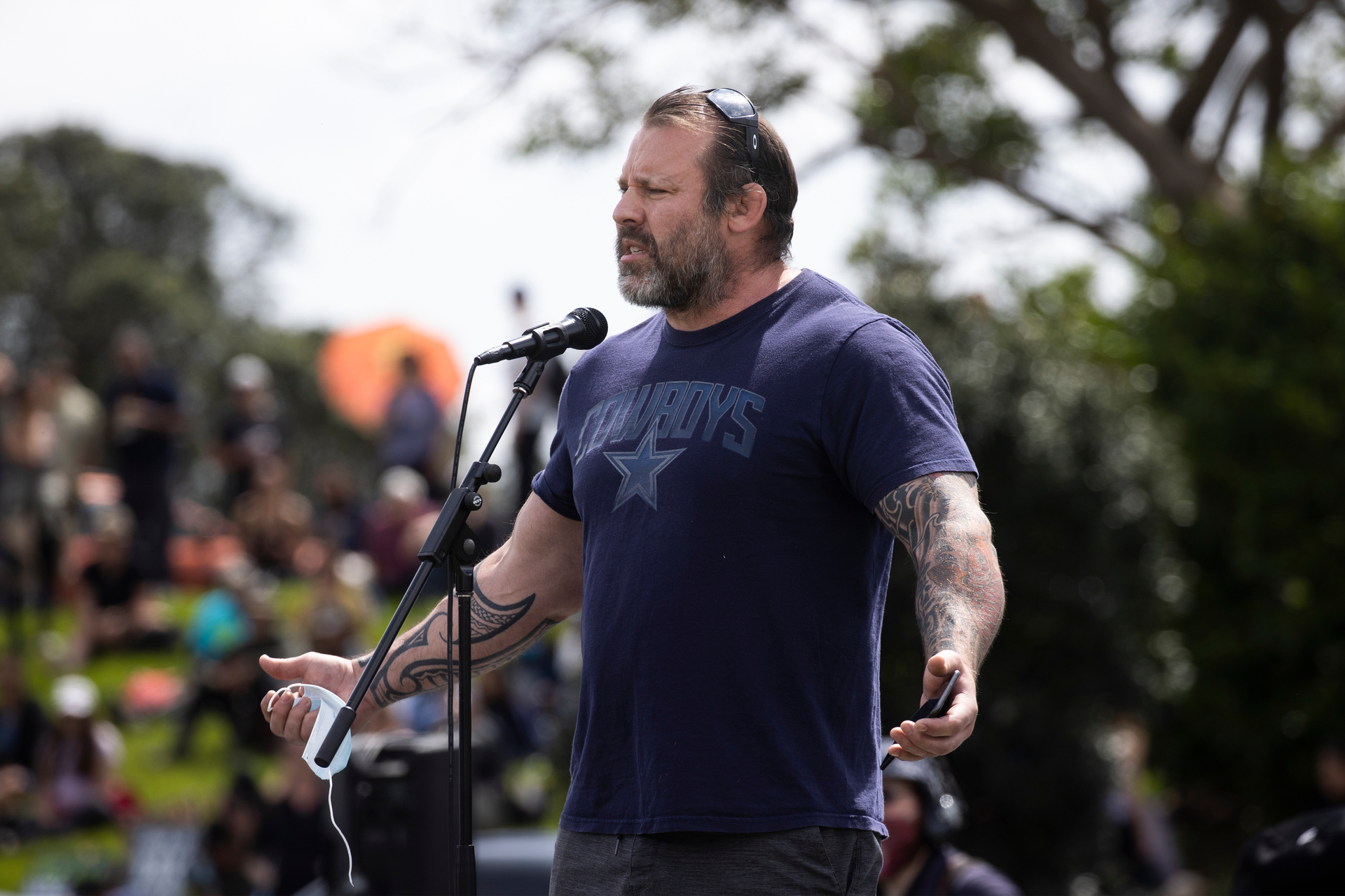 Steve Oliver at October's Freedom and Rights Coalition New Zealand Lockdown and Vaccination protest at Auckland Domain. Photo Brett Phibbs