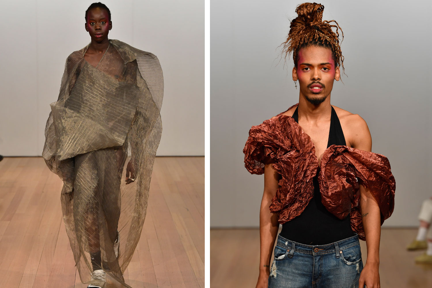 NZ Fashion Week 2019 runway looks, including a dress made with pre-pleated fabric (left). Photos / Supplied
