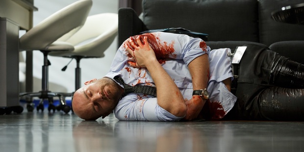Ben Barrington as Drew McCaskill in Shortland Street, after being shot in a dramatic cliffhanger.