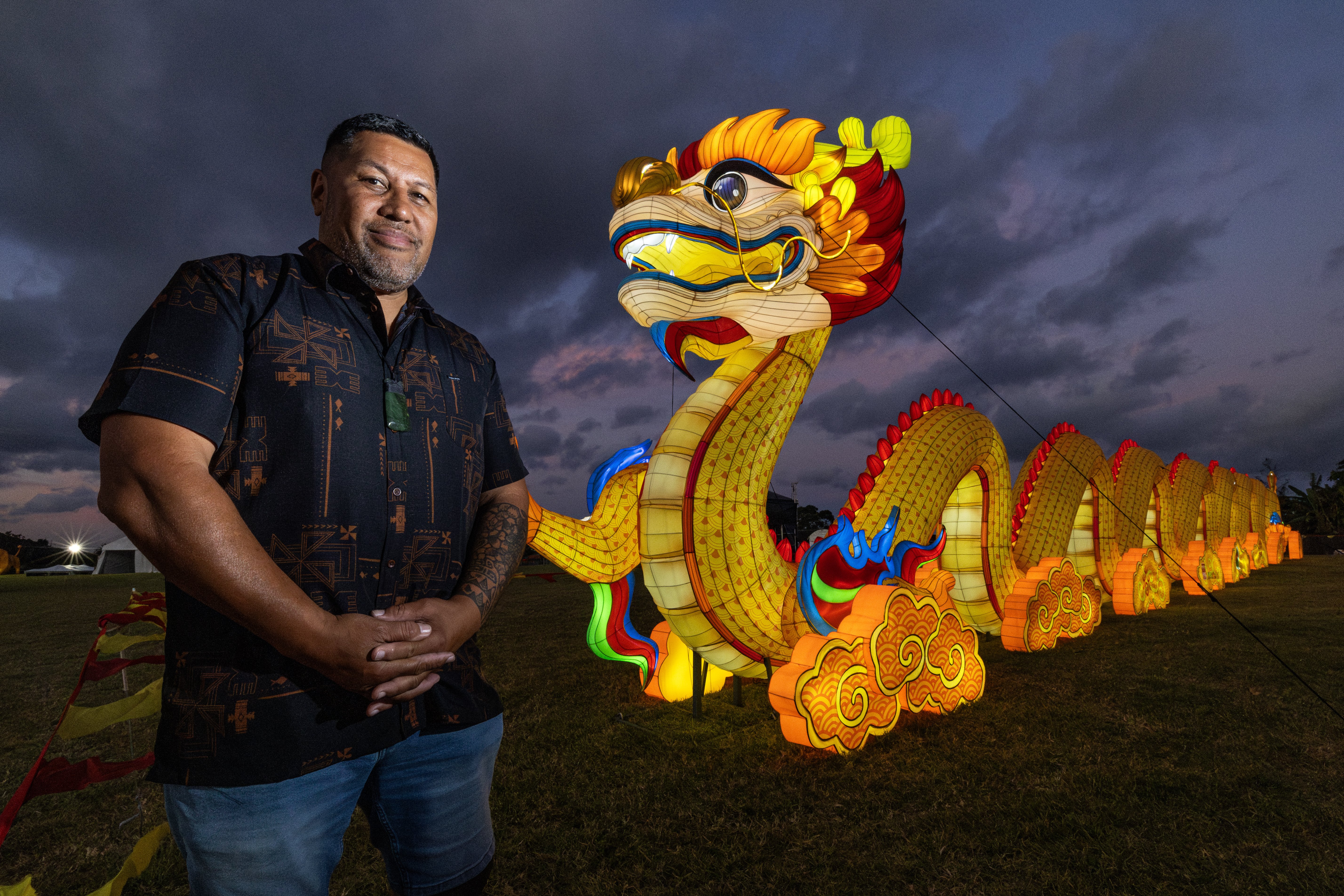 Auckland Lantern Festival Event Director Jep Savali with the new 30m Year of the Dragon lantern.  Photo / Jason Oxenham�