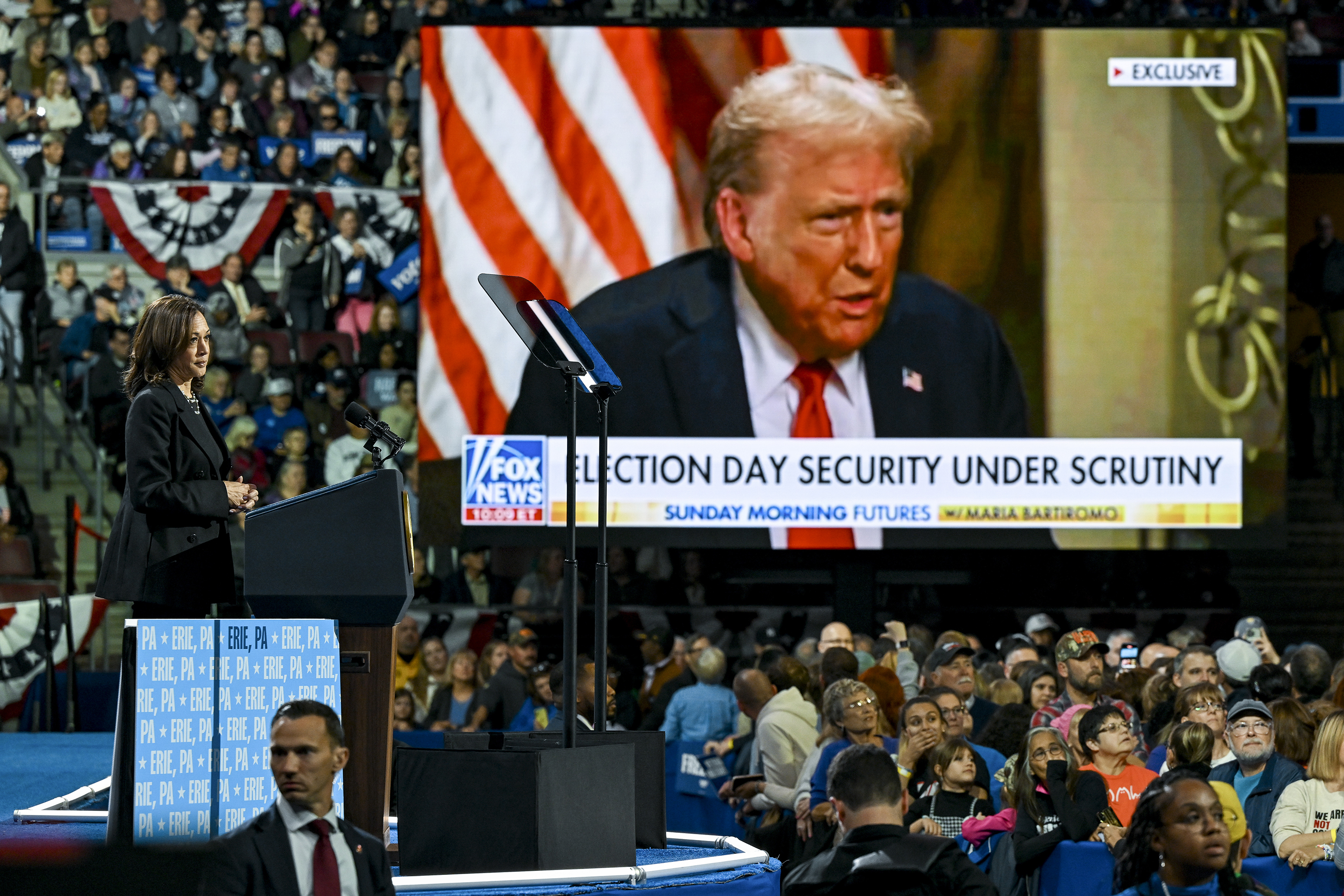 Vice-President Kamala Harris, the Democratic presidential nominee, shows a video clip of former President Donald Trump vowing to go after people who oppose him, during a campaign rally in Erie, Pennsylvania. Photo / New York Times
