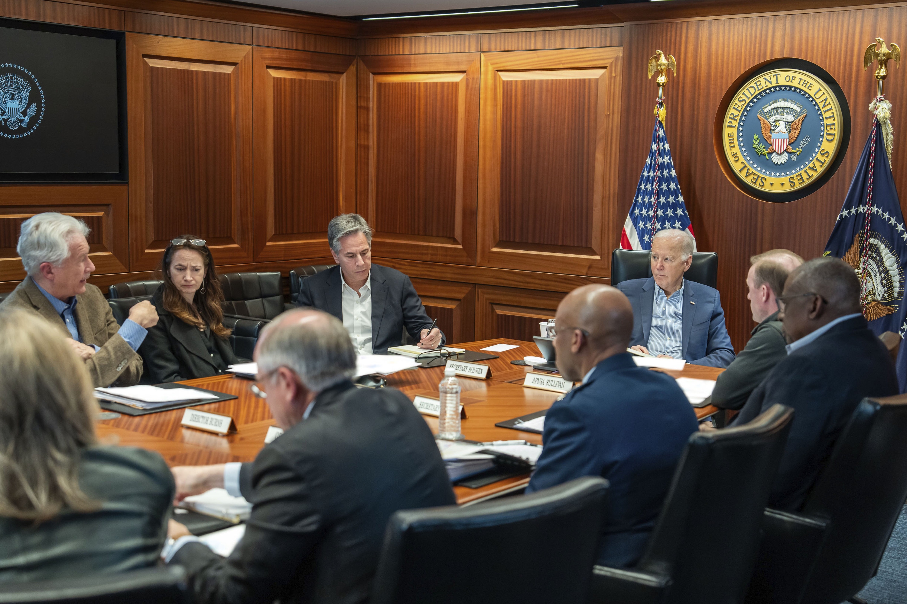 In this image provided by the White House, President Joe Biden, along with members of his national security team, receive an update on the ongoing attack on Israel from Iran. Photo / The White House via AP
