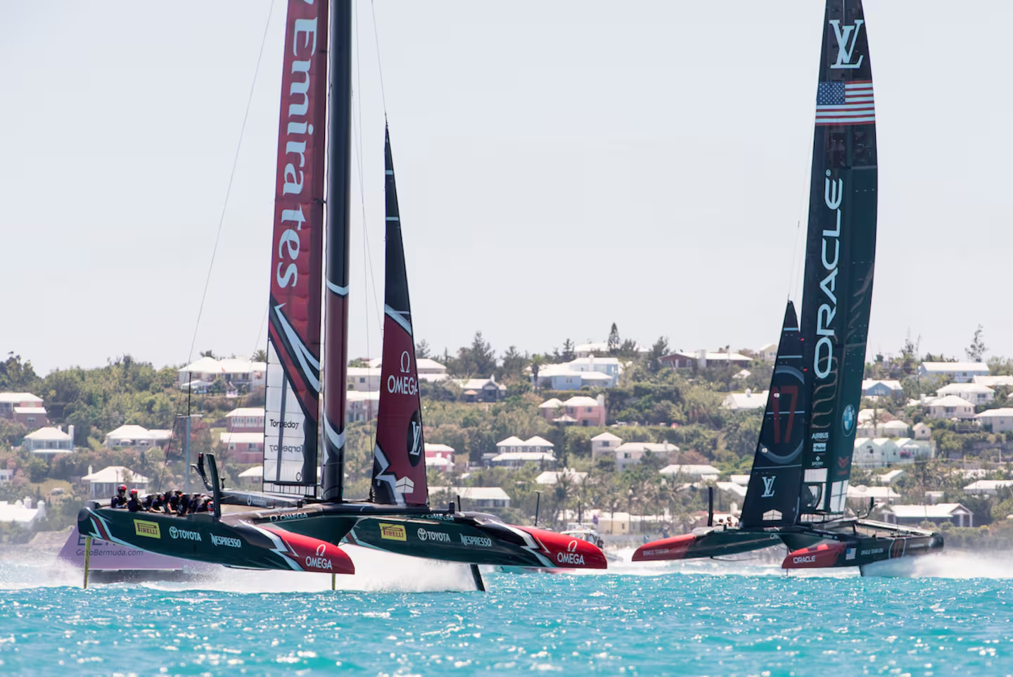 Emirates Team New Zealand battling it out with Oracle Team USA in 2017. Photo / Photosport