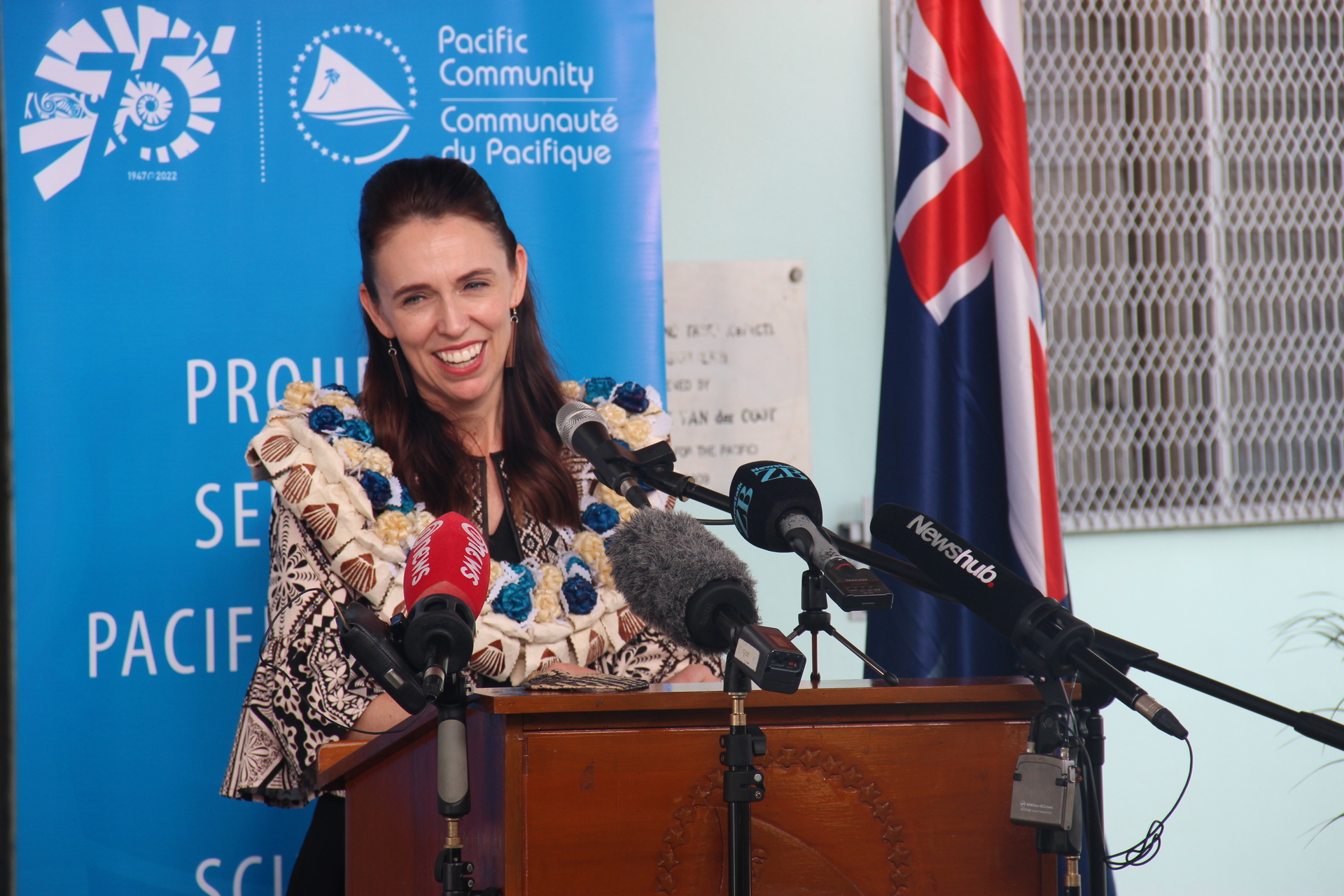 PM Jacinda Ardern making the first announcement from the Government's $1.3 billion climate finance fund, with at least half going to Pacific projects. Photo / Michael Neilson